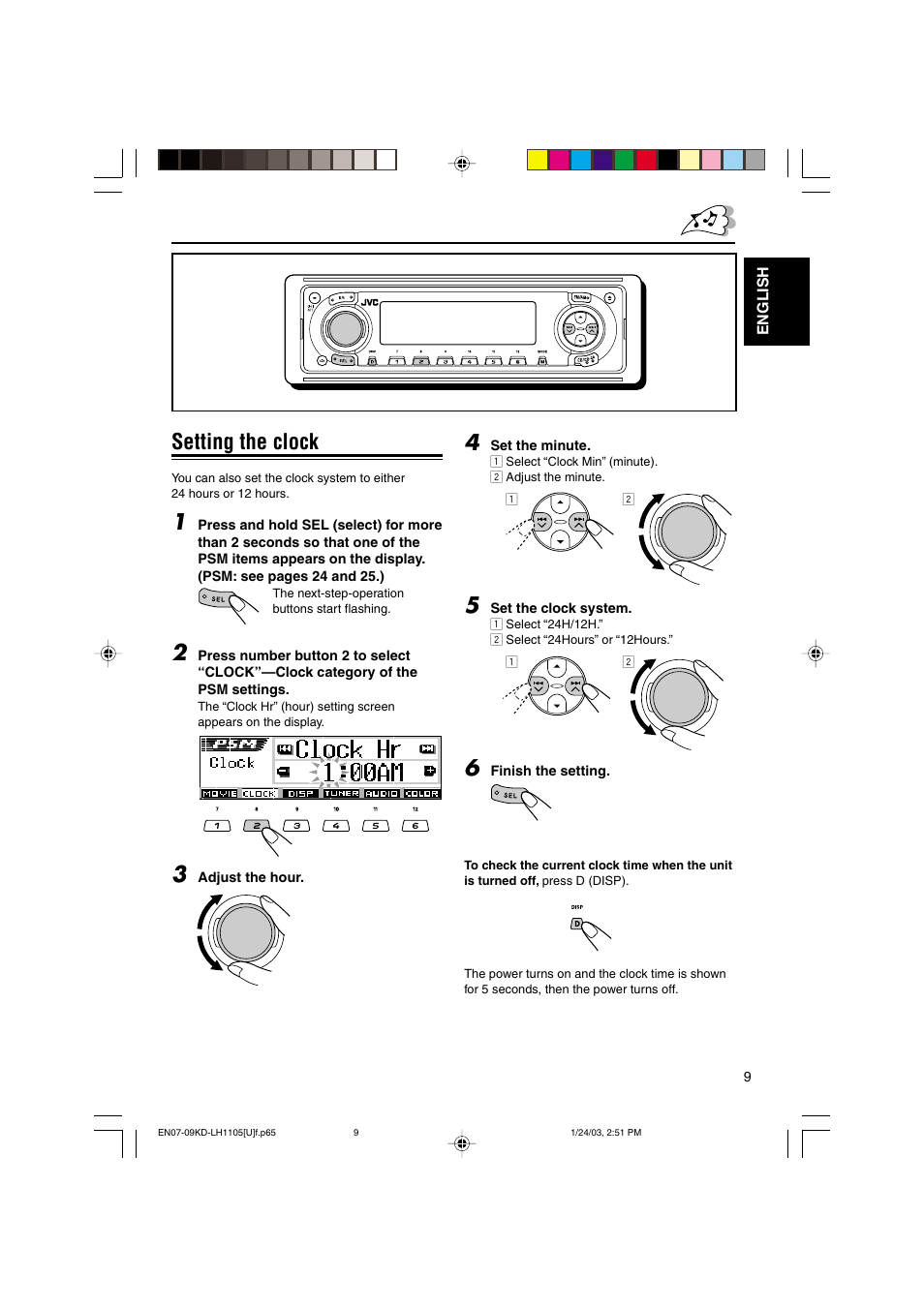 Setting the clock | JVC KD-LH1105 User Manual | Page 9 / 49