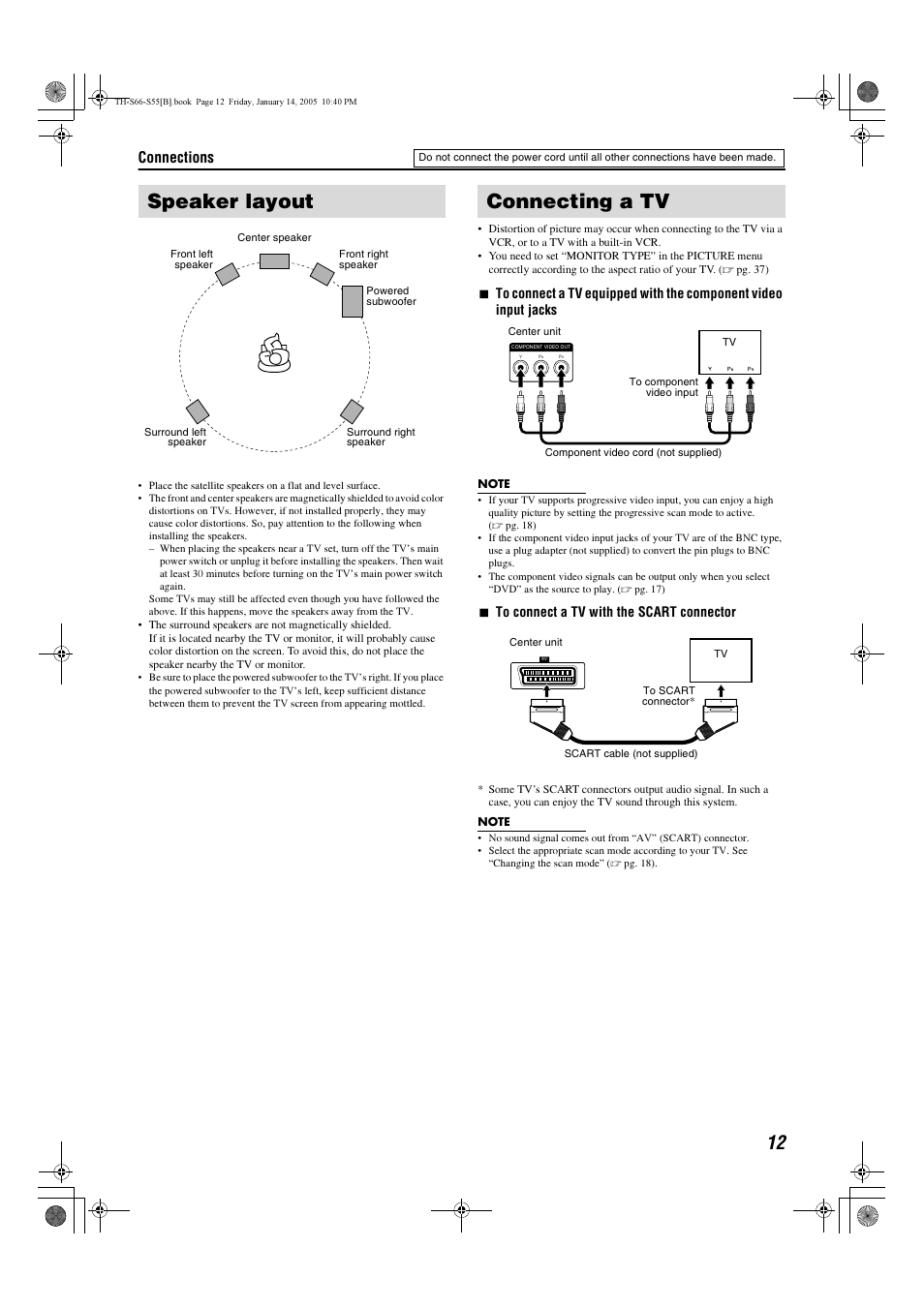 Speaker layout, Connecting a tv, Connections | 7to connect a tv with the scart connector | JVC TH-S66 User Manual | Page 15 / 49