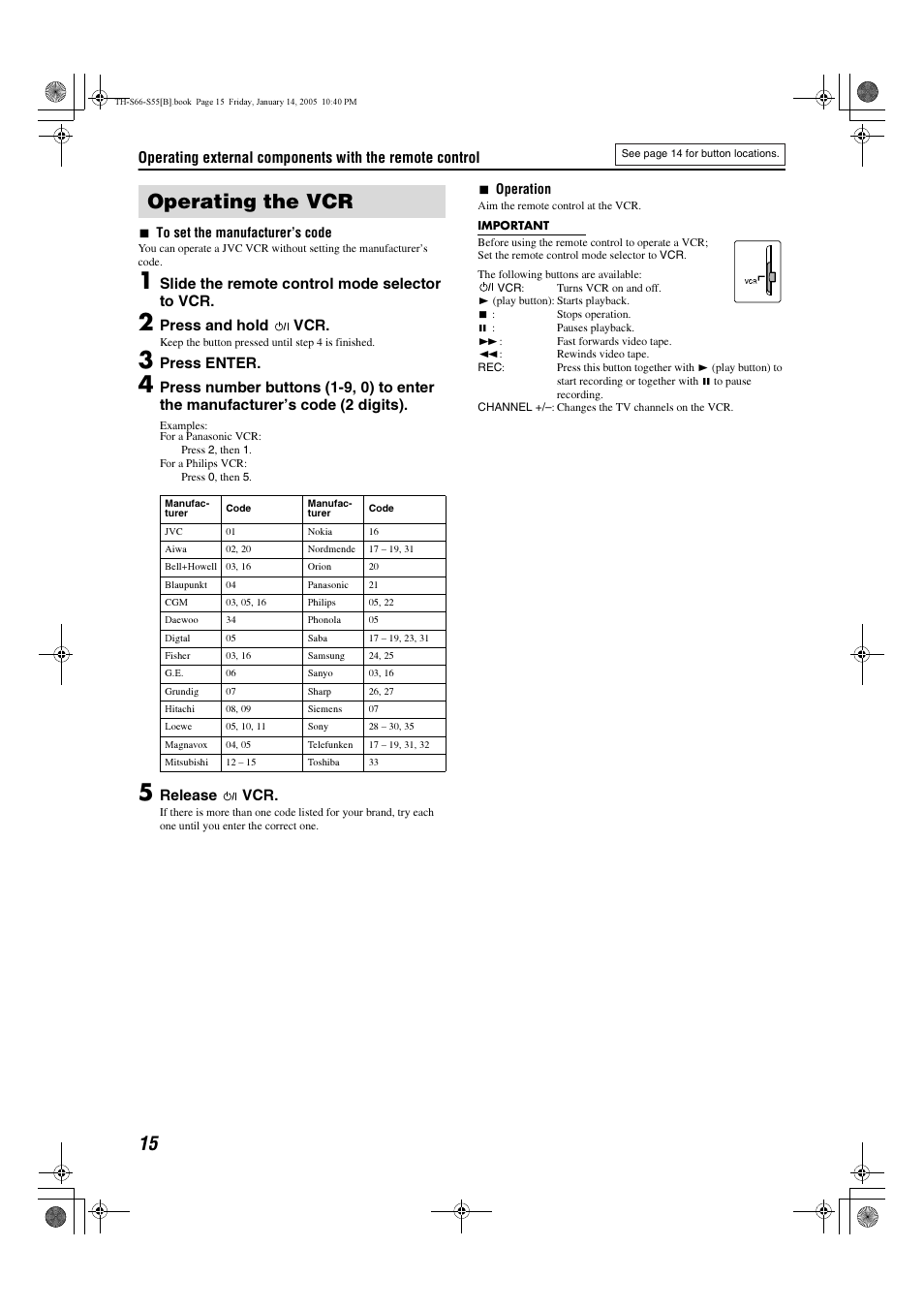 Operating the vcr, Slide the remote control mode selector to vcr, Press and hold vcr | Press enter, Release vcr | JVC TH-S66 User Manual | Page 18 / 49