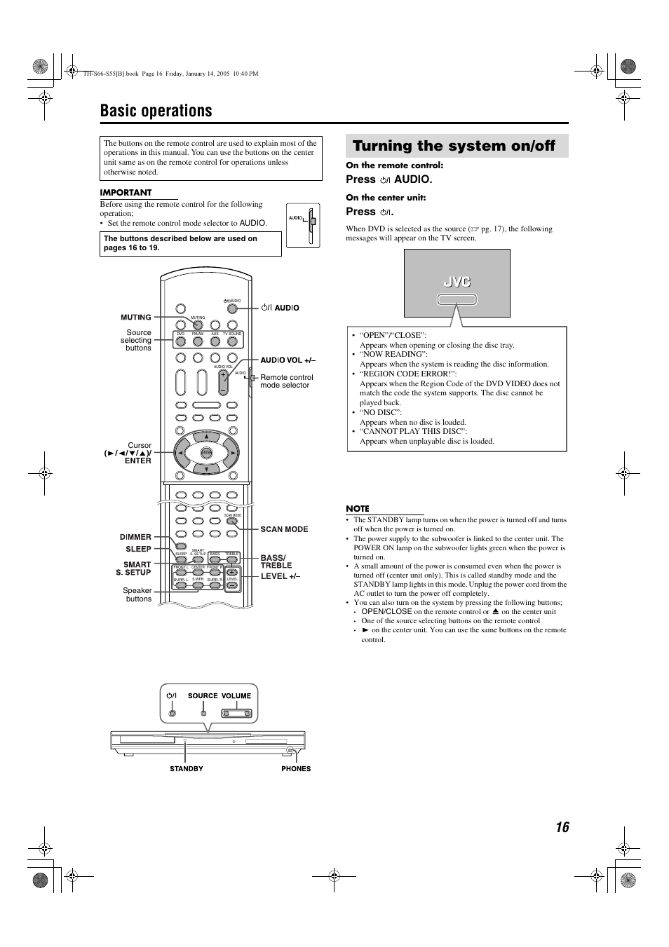 Basic operations, Turning the system on/off, Press audio | Press, Phones standby | JVC TH-S66 User Manual | Page 19 / 49