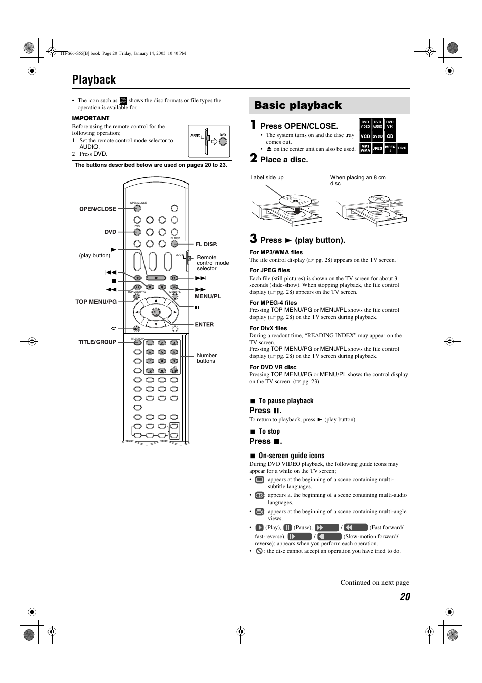 Playback, Basic playback, Press open/close | Place a disc, Press 3 (play button), Press 8, Press 7 | JVC TH-S66 User Manual | Page 23 / 49