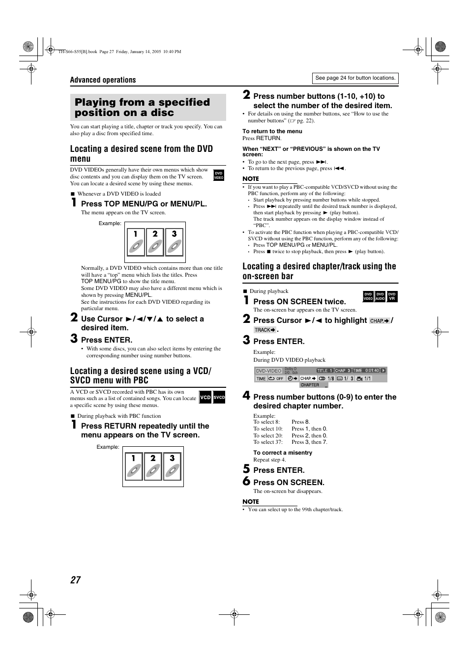 Playing from a specified position on a disc, Locating a desired scene from the dvd menu | JVC TH-S66 User Manual | Page 30 / 49