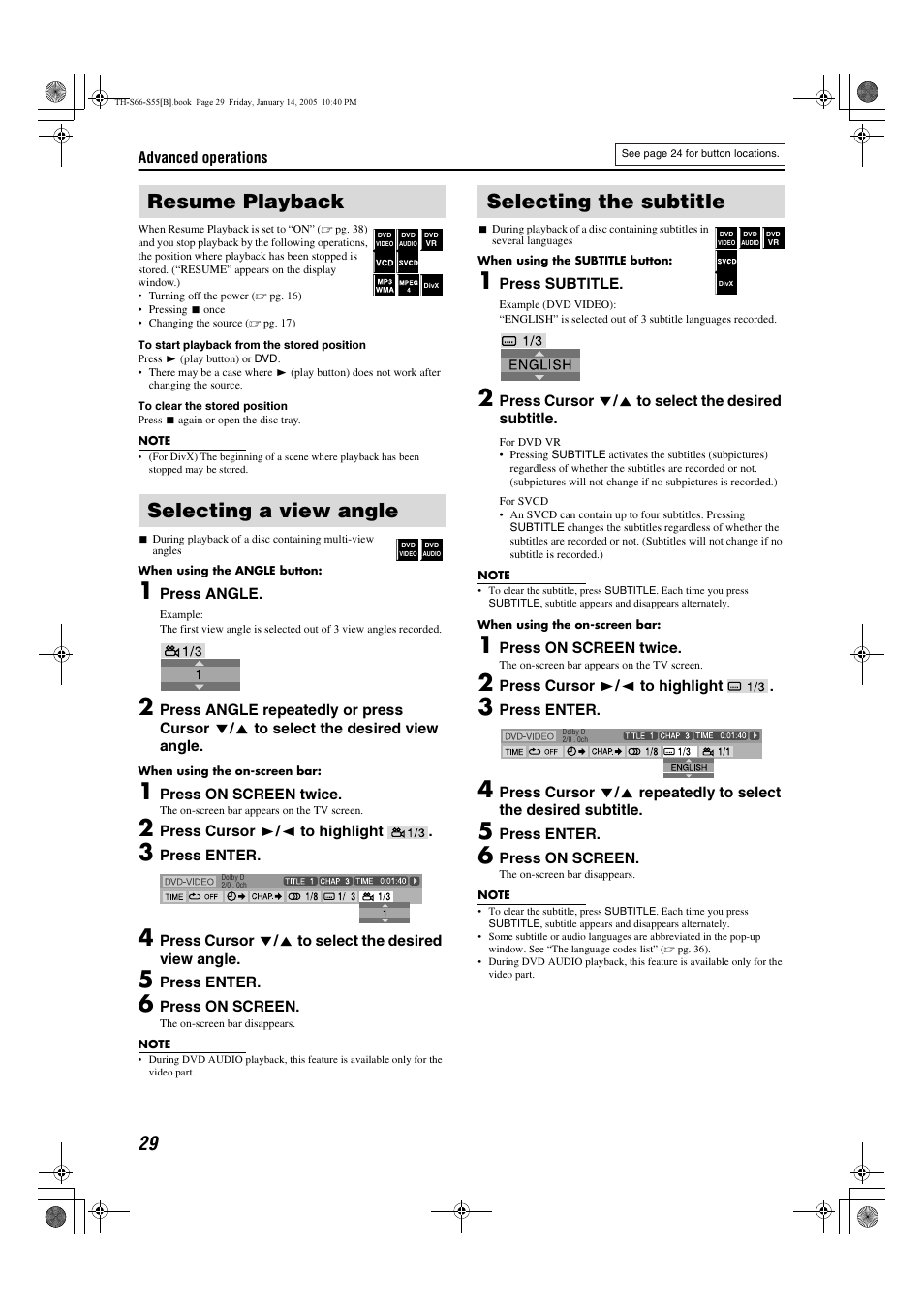 Resume playback selecting a view angle, Selecting the subtitle | JVC TH-S66 User Manual | Page 32 / 49