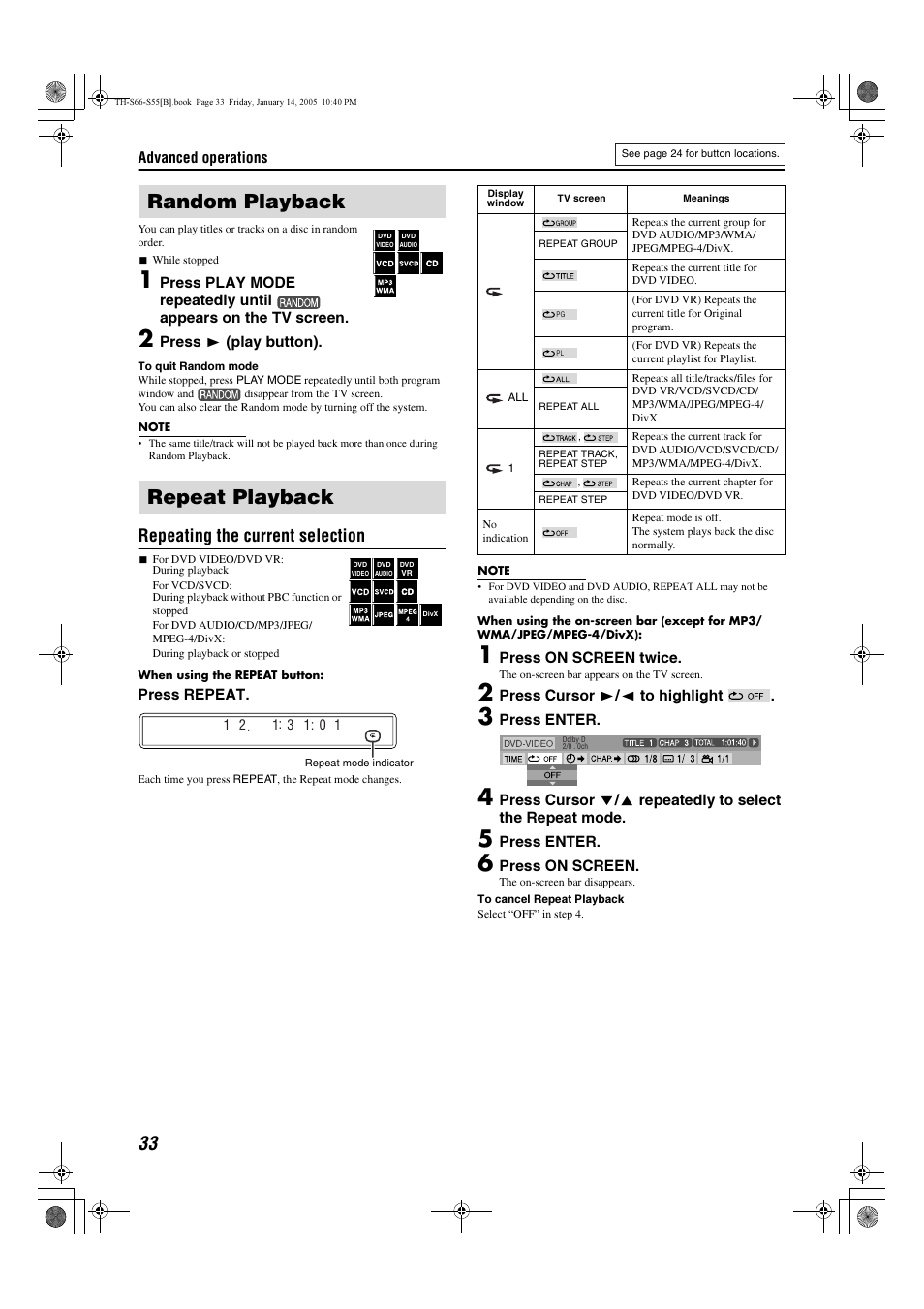 Random playback repeat playback, Repeating the current selection | JVC TH-S66 User Manual | Page 36 / 49