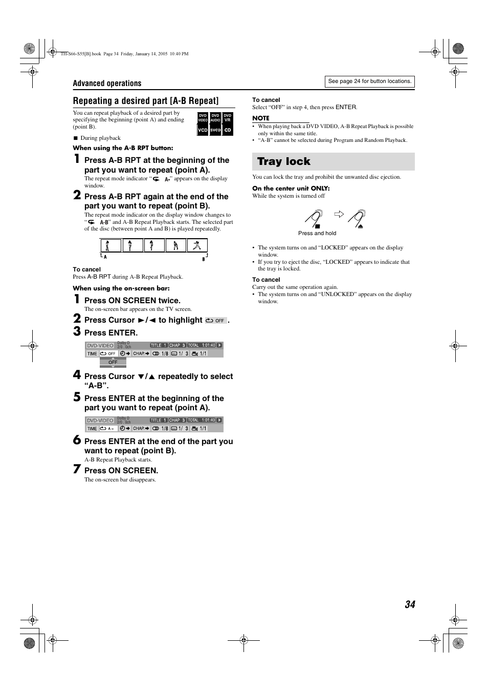 Tray lock, Repeating a desired part [a-b repeat | JVC TH-S66 User Manual | Page 37 / 49