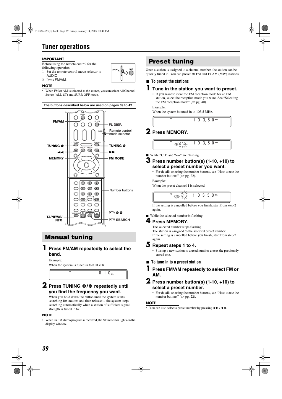 Tuner operations, Manual tuning, Preset tuning | JVC TH-S66 User Manual | Page 42 / 49