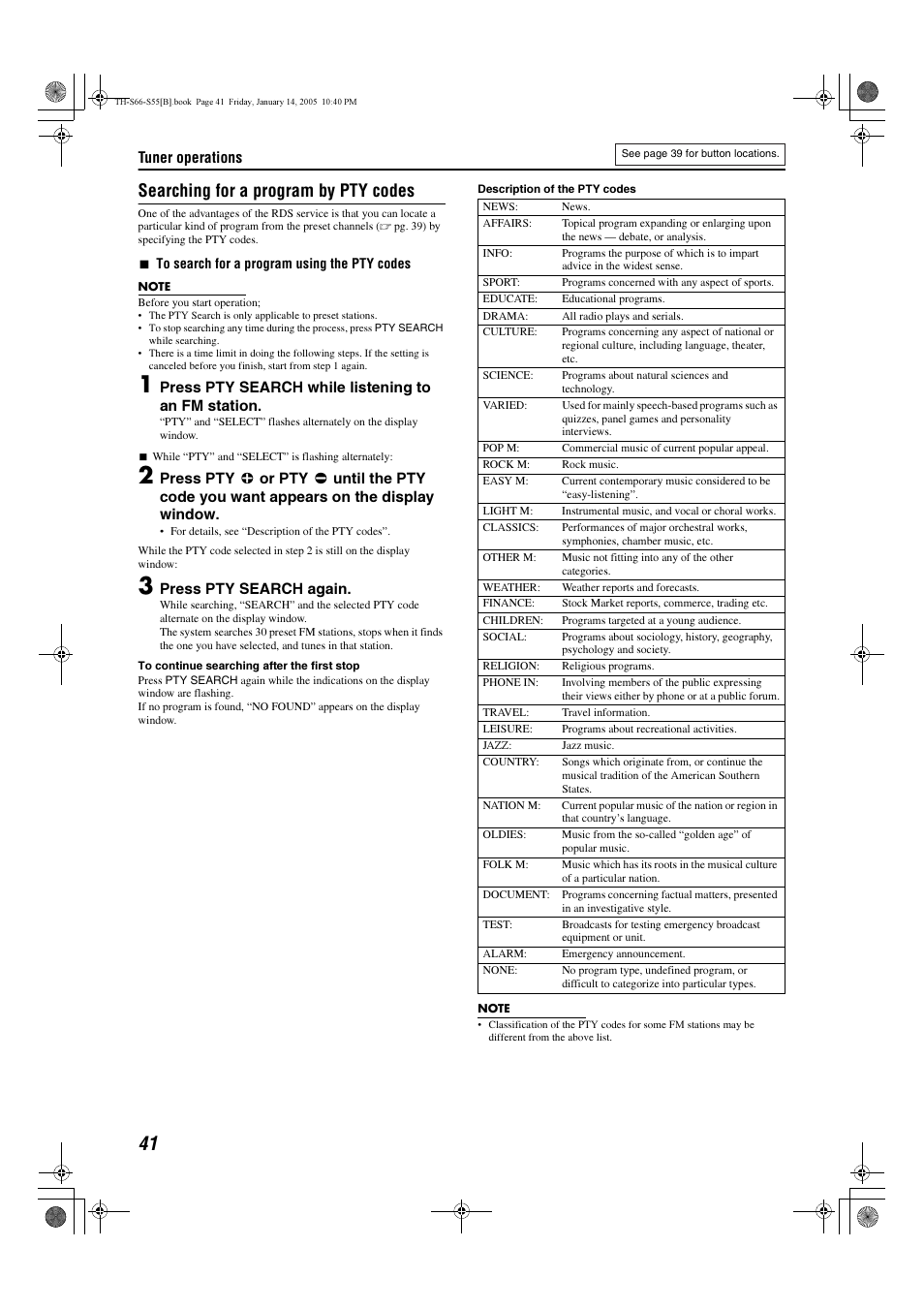 Searching for a program by pty codes | JVC TH-S66 User Manual | Page 44 / 49