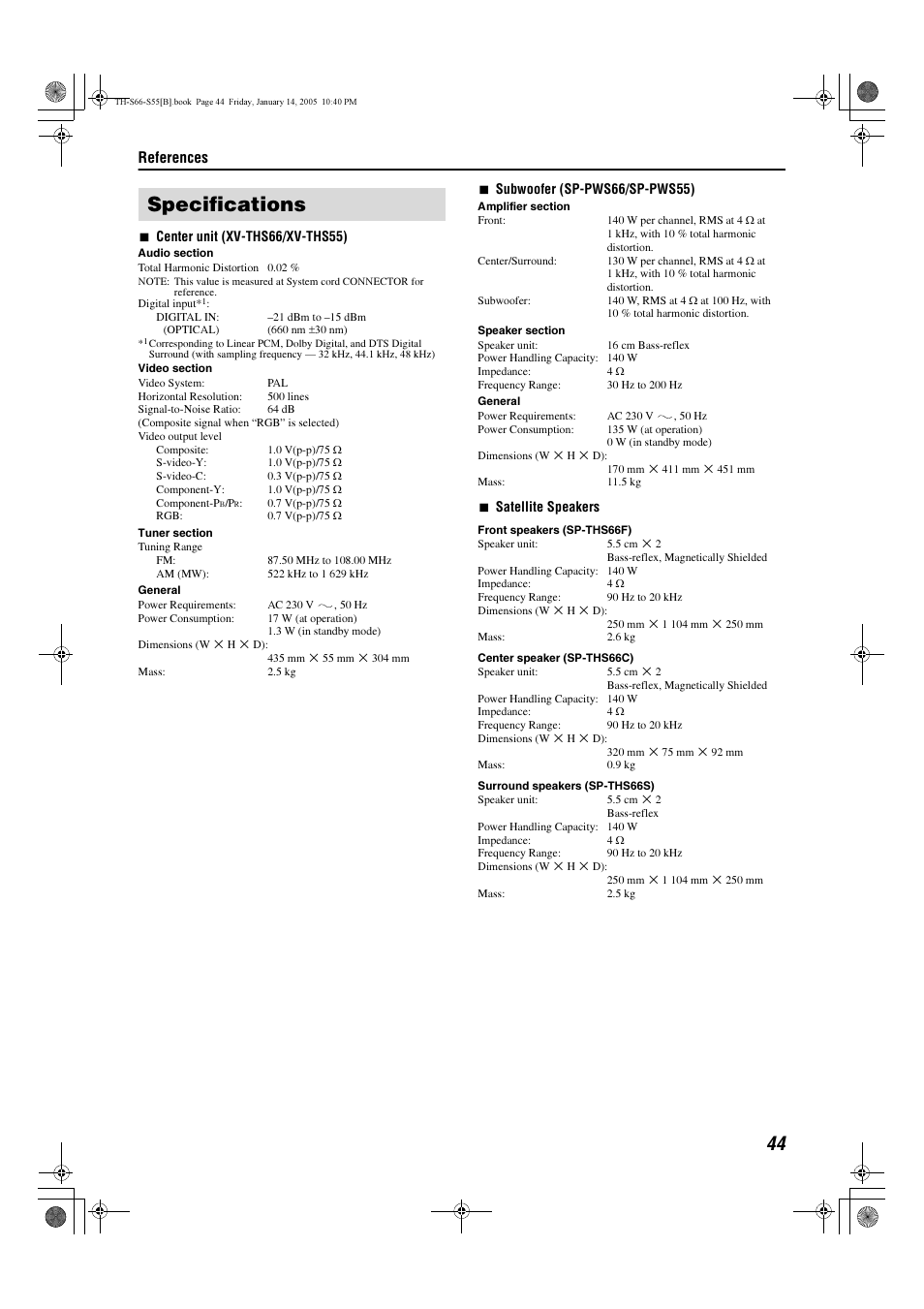 Specifications, References | JVC TH-S66 User Manual | Page 47 / 49