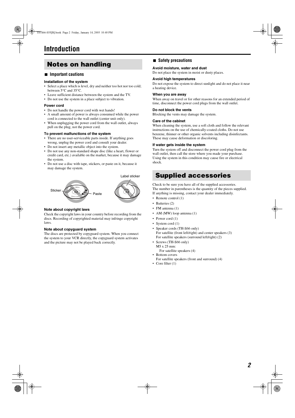 Introduction, Supplied accessories | JVC TH-S66 User Manual | Page 5 / 49