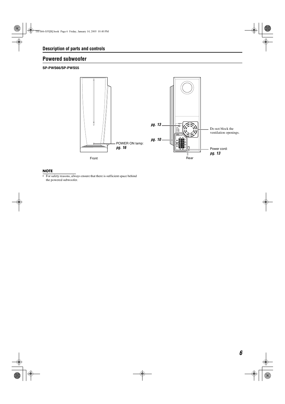 Powered subwoofer, Description of parts and controls | JVC TH-S66 User Manual | Page 9 / 49