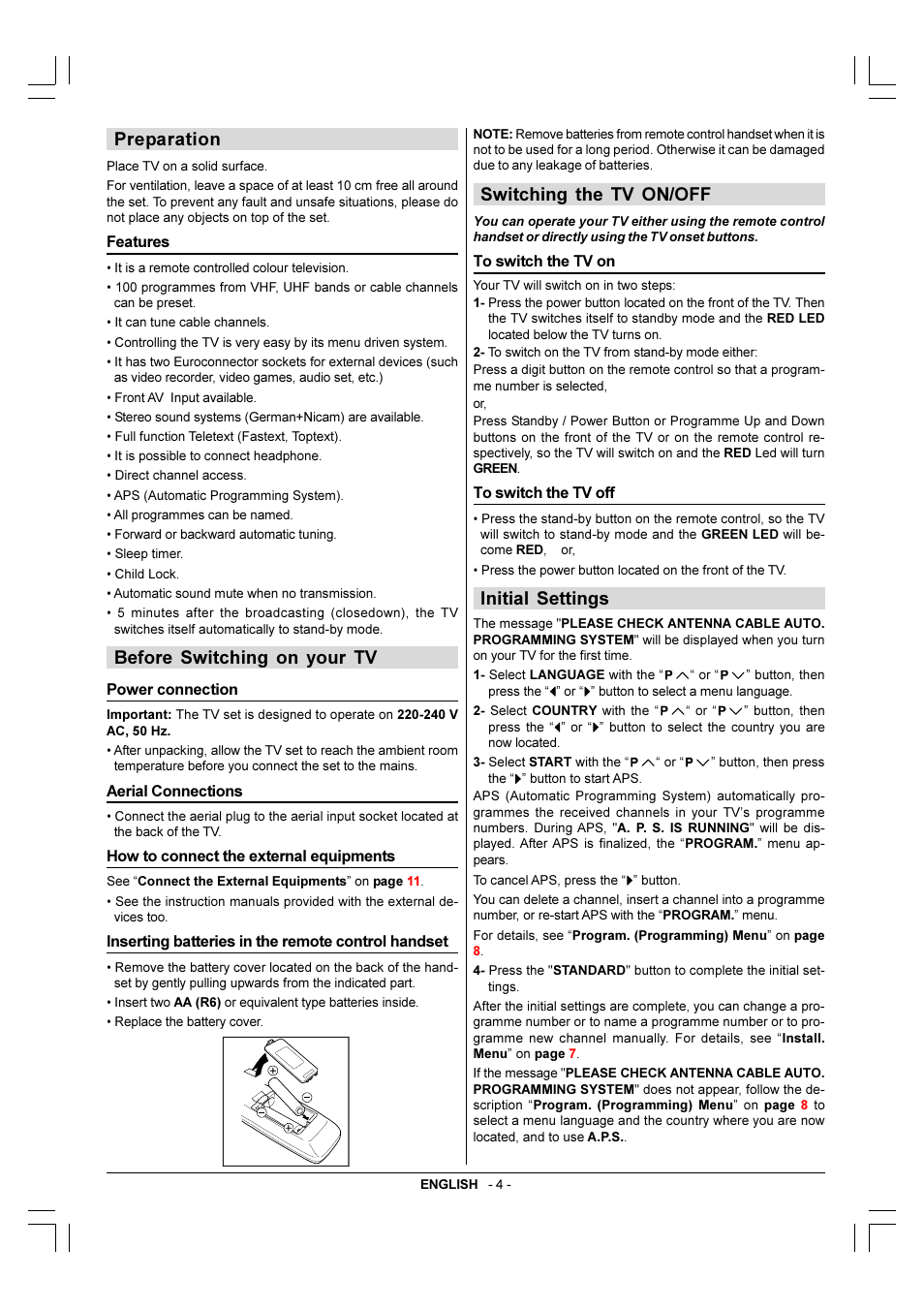 Preparation, Before switching on your tv, Switching the tv on/off | Initial settings | JVC 0307-TKH-VT-VT User Manual | Page 5 / 14