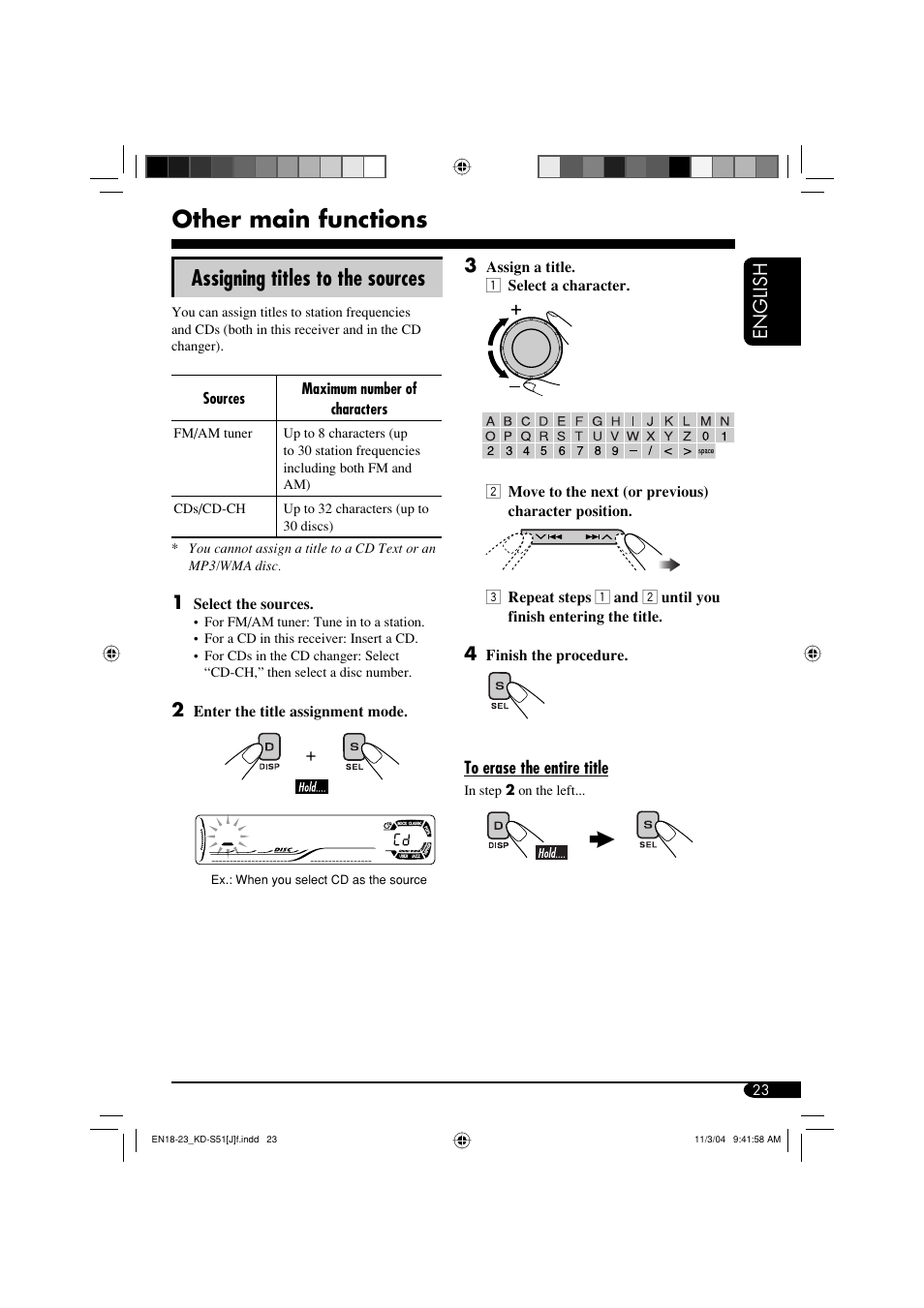Other main functions, Assigning titles to the sources, English | JVC KD-S51 User Manual | Page 23 / 40