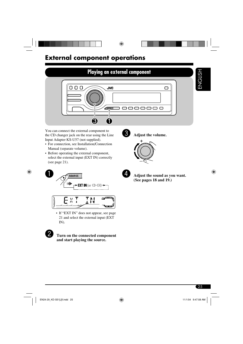 External component operations, Playing an external component | JVC KD-S51 User Manual | Page 25 / 40
