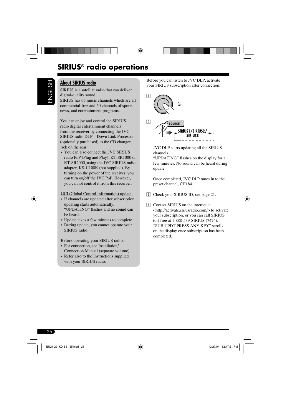 Siriusr radio operations, Sirius, Radio operations | English | JVC KD-S51 User Manual | Page 26 / 40