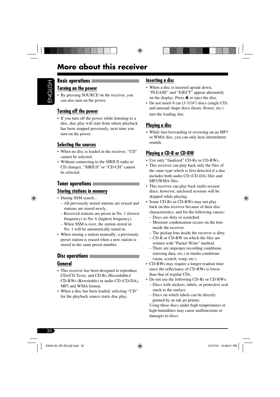 More about this receiver, English, Basic operations | Tuner operations, Disc operations | JVC KD-S51 User Manual | Page 30 / 40