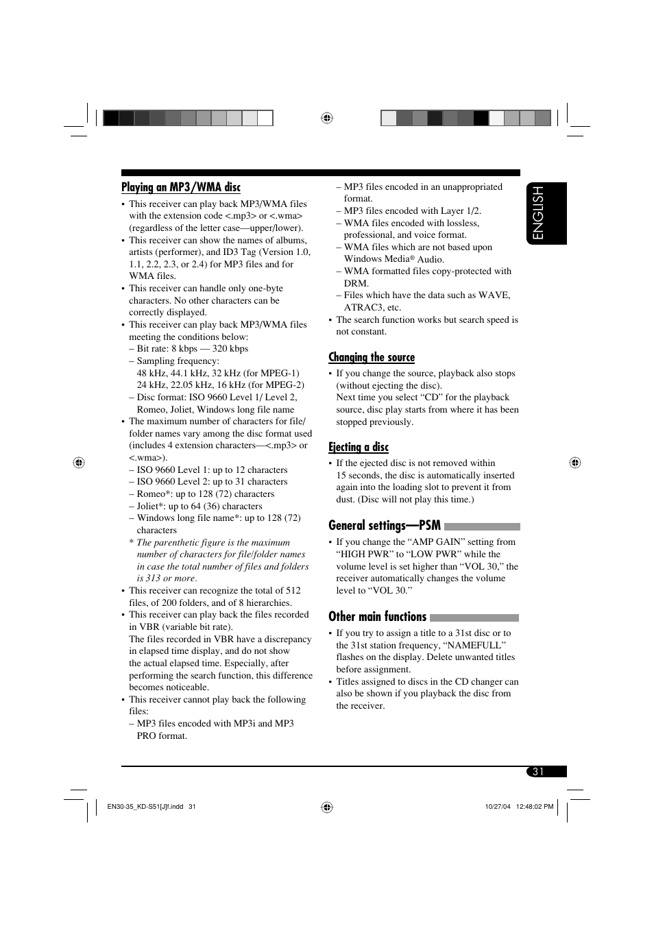 English, General settings—psm, Other main functions | JVC KD-S51 User Manual | Page 31 / 40