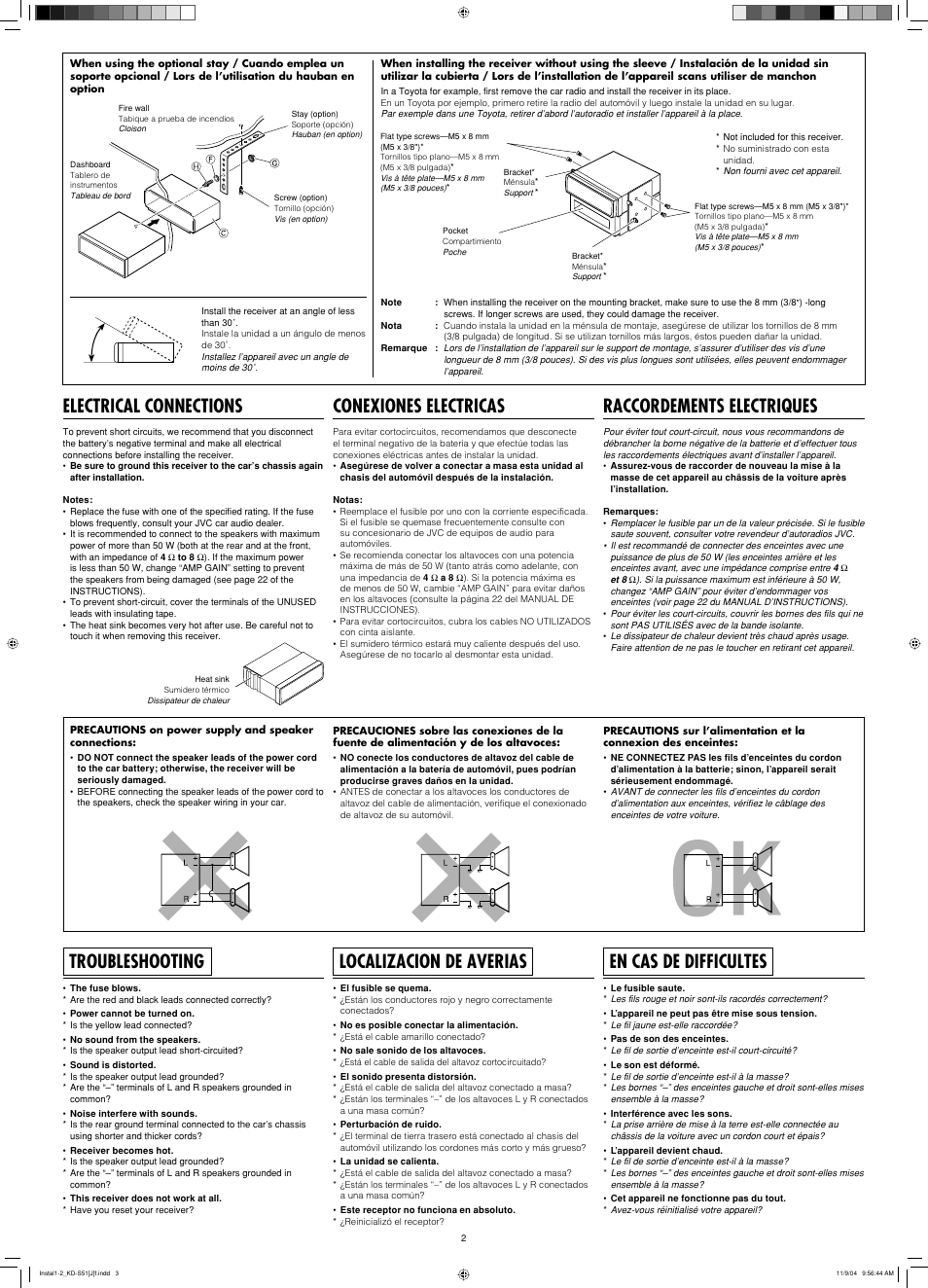 Electrical connections, Troubleshooting, Conexiones electricas | Localizacion de averias, Raccordements electriques, En cas de difficultes | JVC KD-S51 User Manual | Page 38 / 40