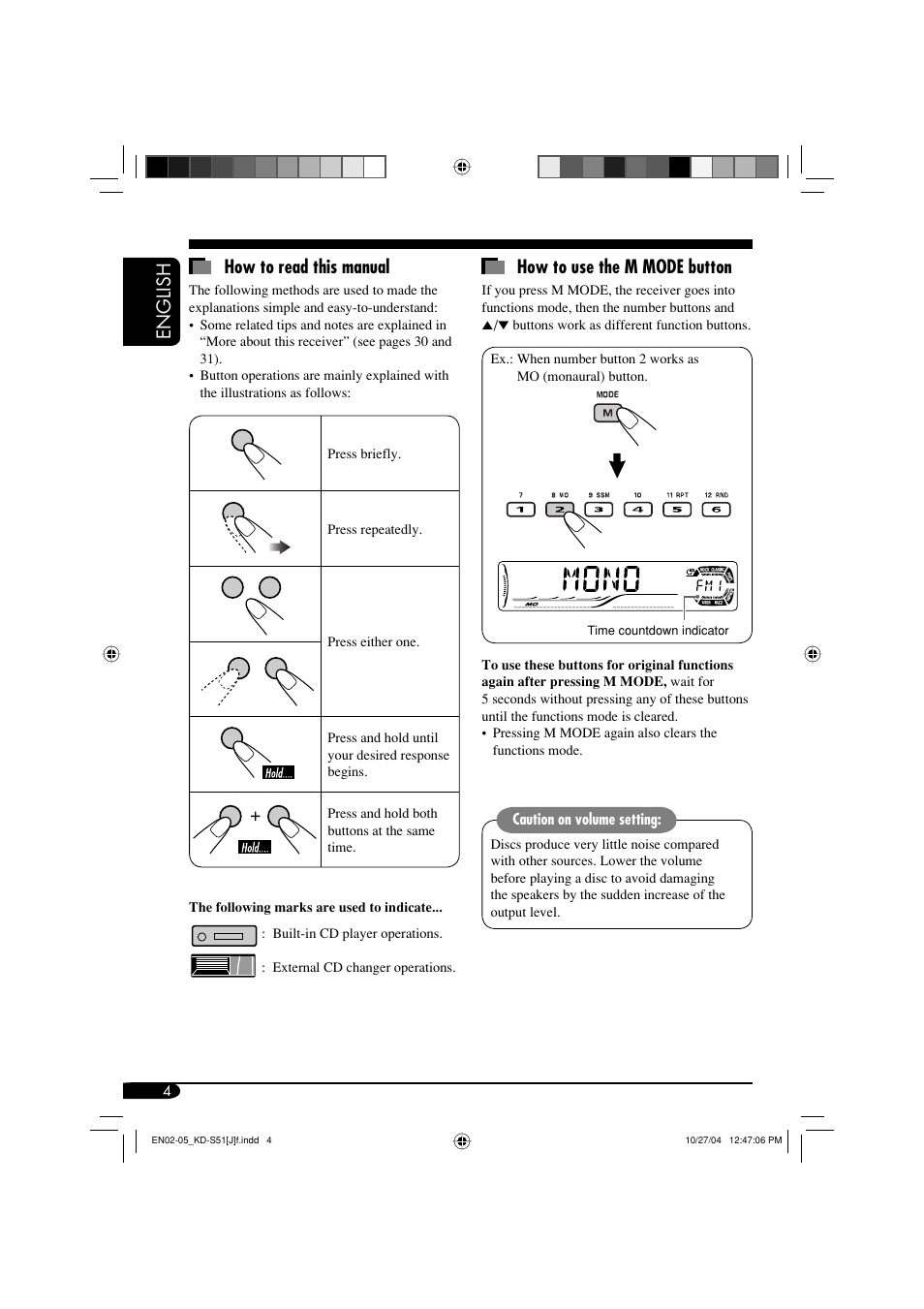 English how to read this manual, How to use the m mode button | JVC KD-S51 User Manual | Page 4 / 40