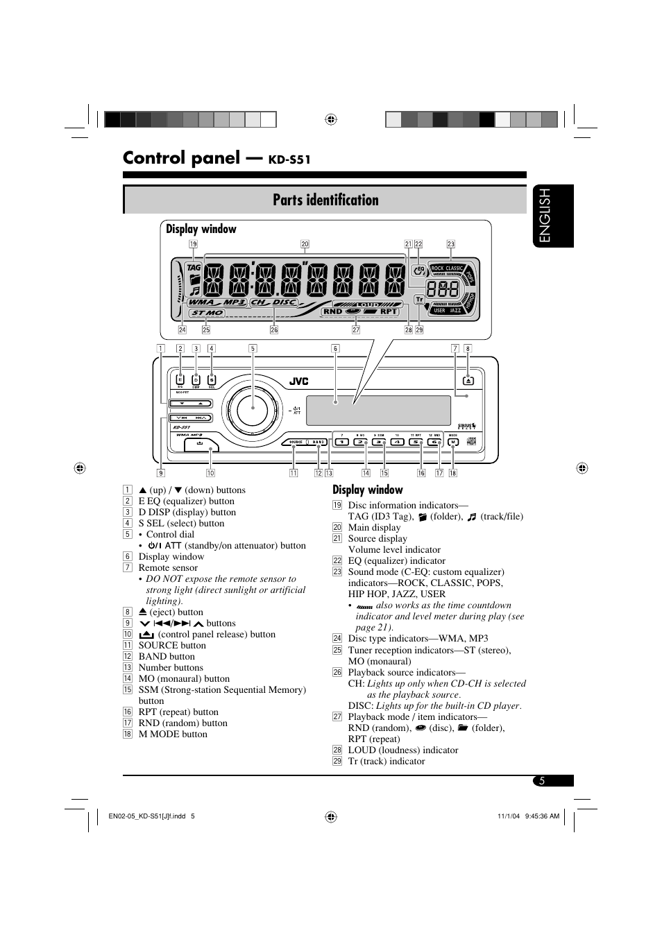 Control panel, Parts identification, English | JVC KD-S51 User Manual | Page 5 / 40