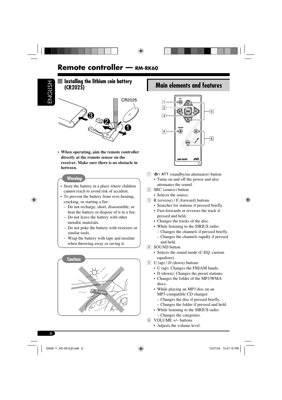 Remote controller, Main elements and features, English | Installing the lithium coin battery (cr2025) | JVC KD-S51 User Manual | Page 6 / 40