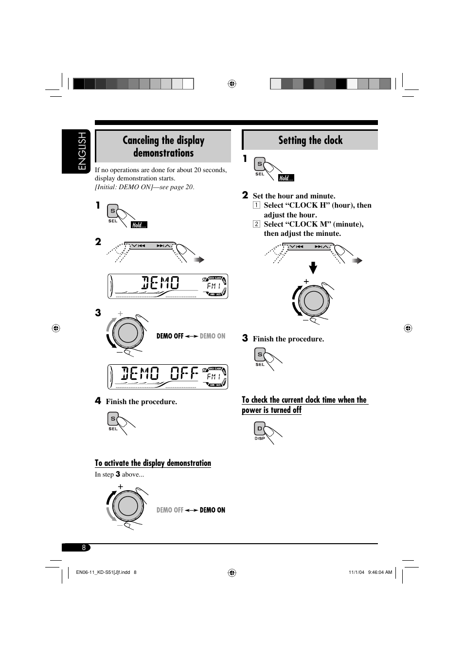 Canceling the display demonstrations, Setting the clock | JVC KD-S51 User Manual | Page 8 / 40