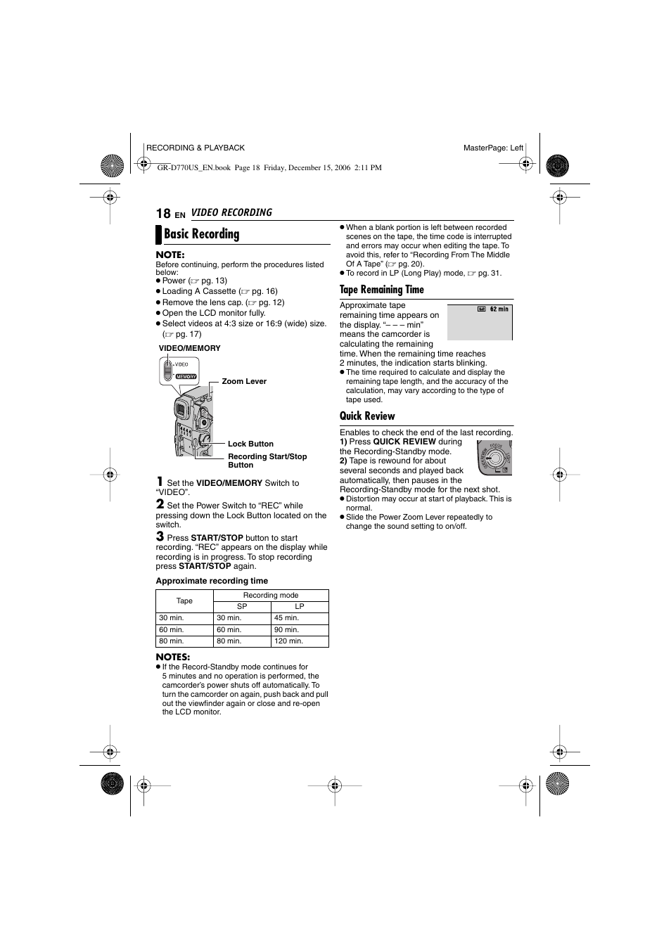 Basic recording, Tape remaining time, Quick review | JVC GR-D770U User Manual | Page 18 / 48