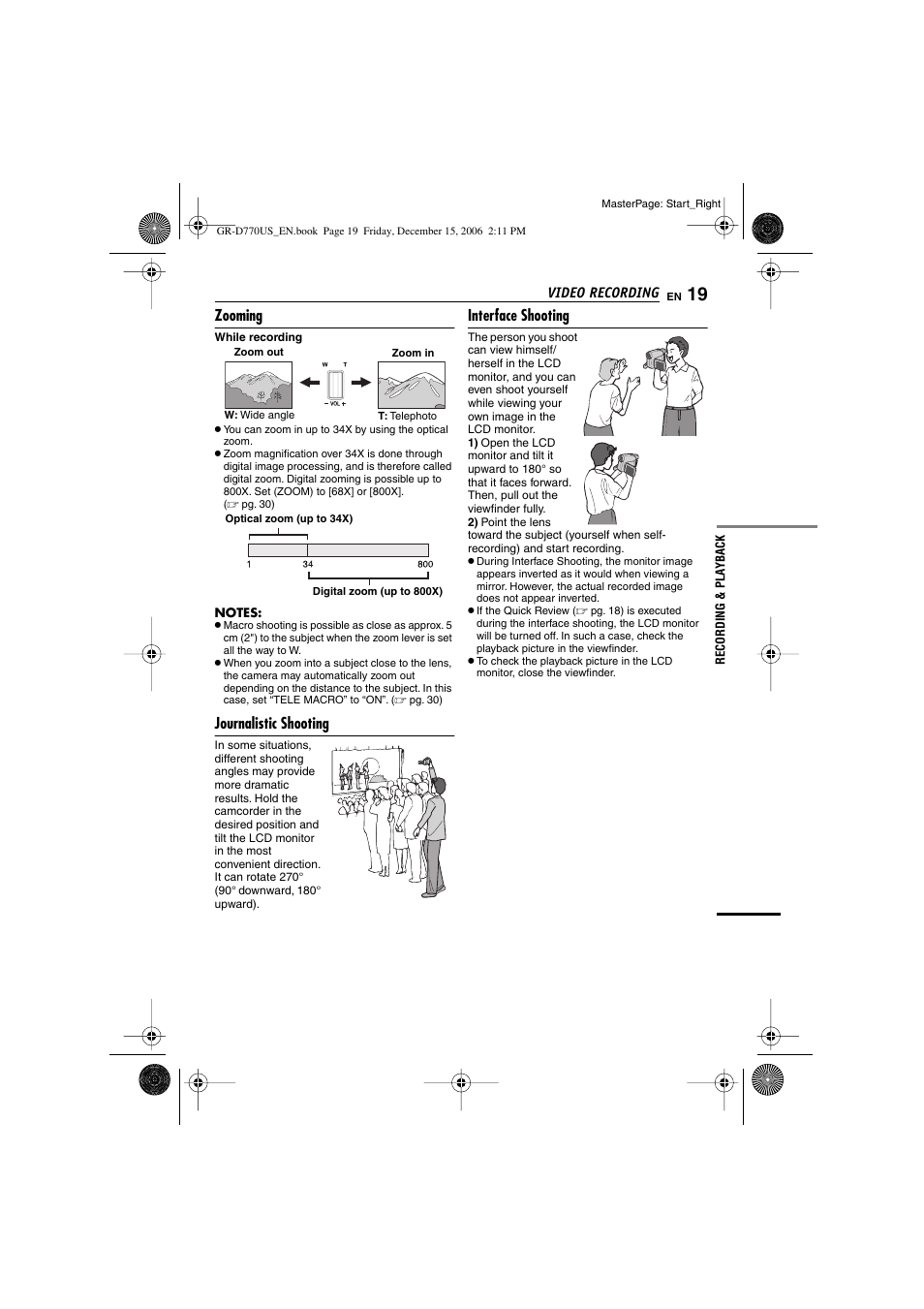 Zooming, Journalistic shooting, Interface shooting | JVC GR-D770U User Manual | Page 19 / 48