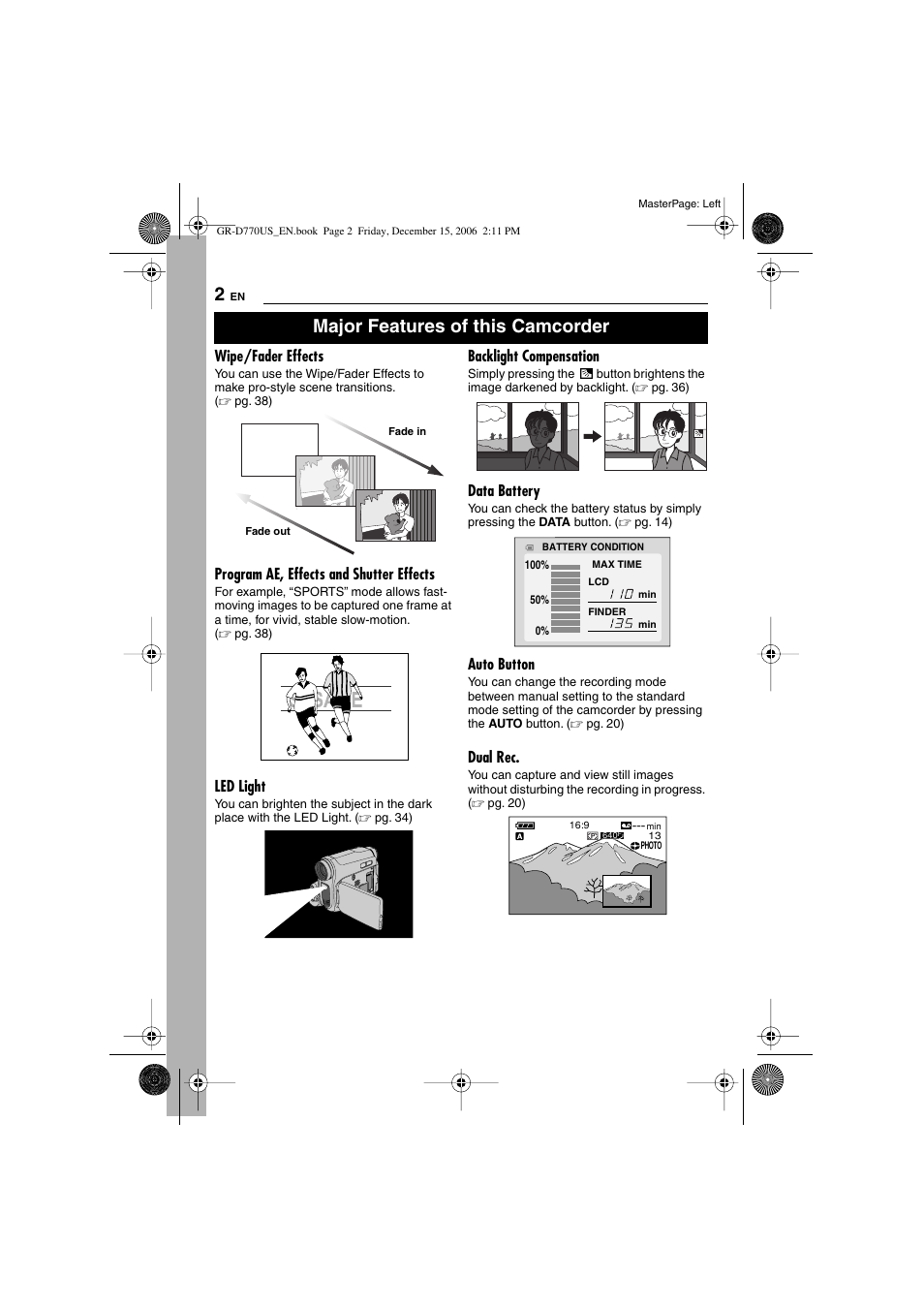 Major features of this camcorder, Wipe/fader effects, Program ae, effects and shutter effects | Led light, Backlight compensation, Data battery, Auto button, Dual rec | JVC GR-D770U User Manual | Page 2 / 48