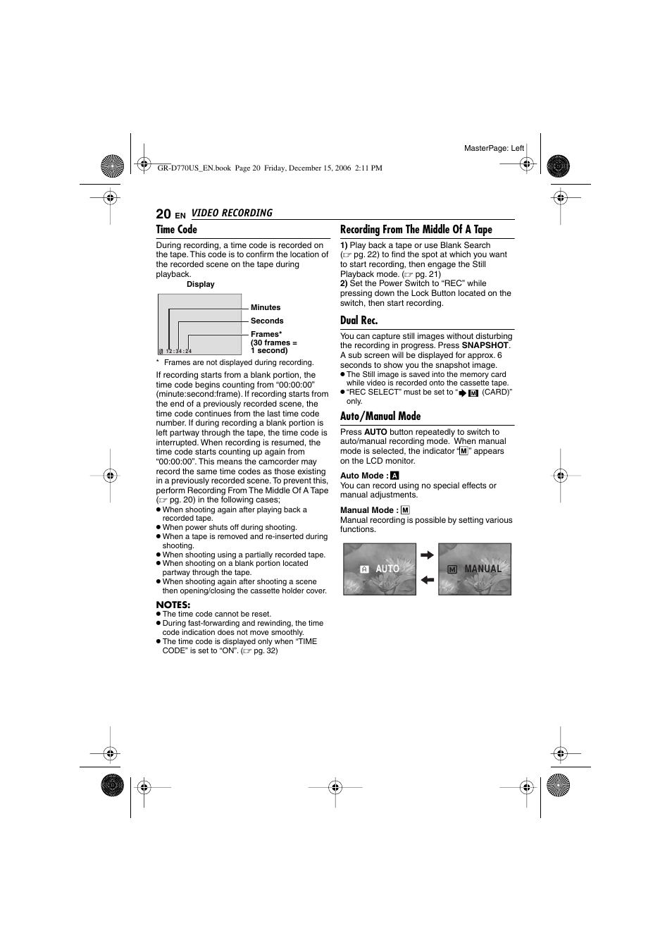 Time code, Recording from the middle of a tape, Dual rec | Auto/manual mode | JVC GR-D770U User Manual | Page 20 / 48