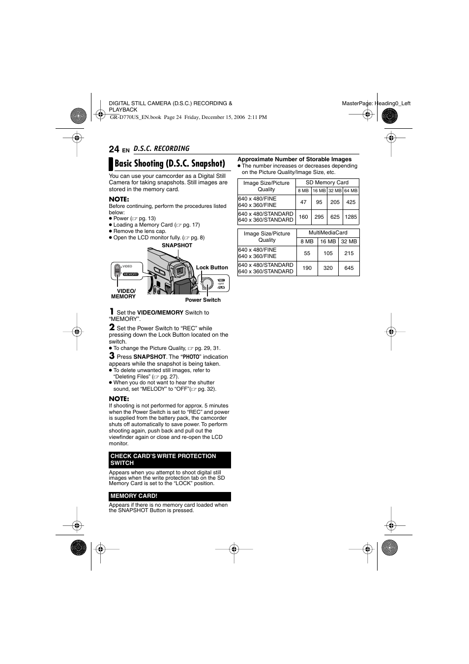 Basic shooting (d.s.c. snapshot), D.s.c. recording | JVC GR-D770U User Manual | Page 24 / 48