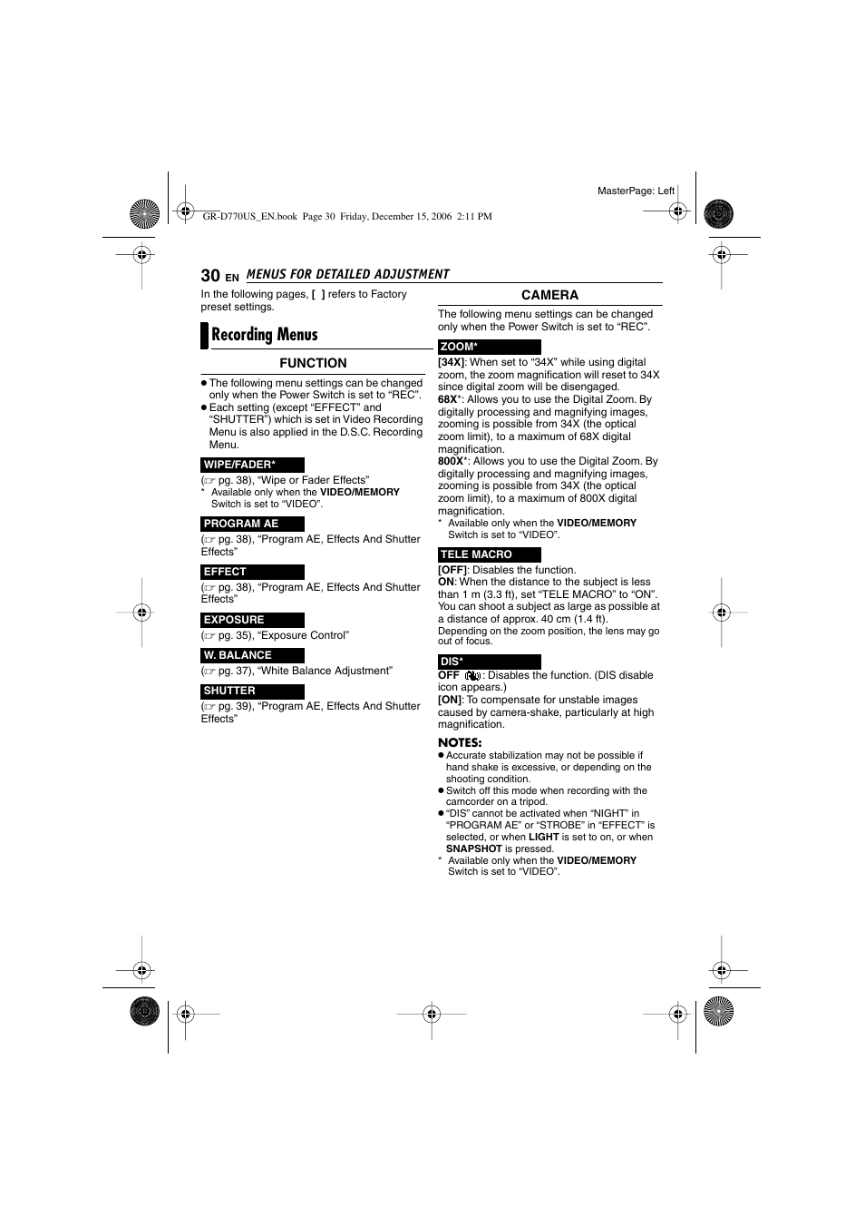 Recording menus | JVC GR-D770U User Manual | Page 30 / 48