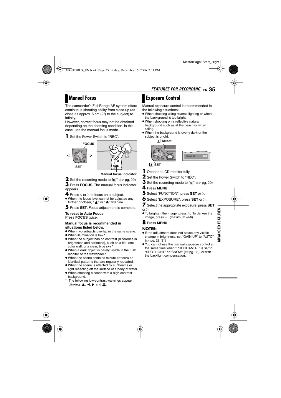 Manual focus, Exposure control | JVC GR-D770U User Manual | Page 35 / 48