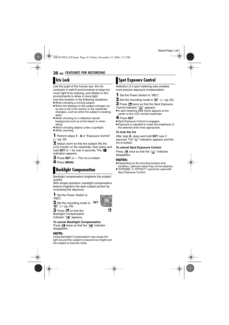 Iris lock backlight compensation, Spot exposure control | JVC GR-D770U User Manual | Page 36 / 48
