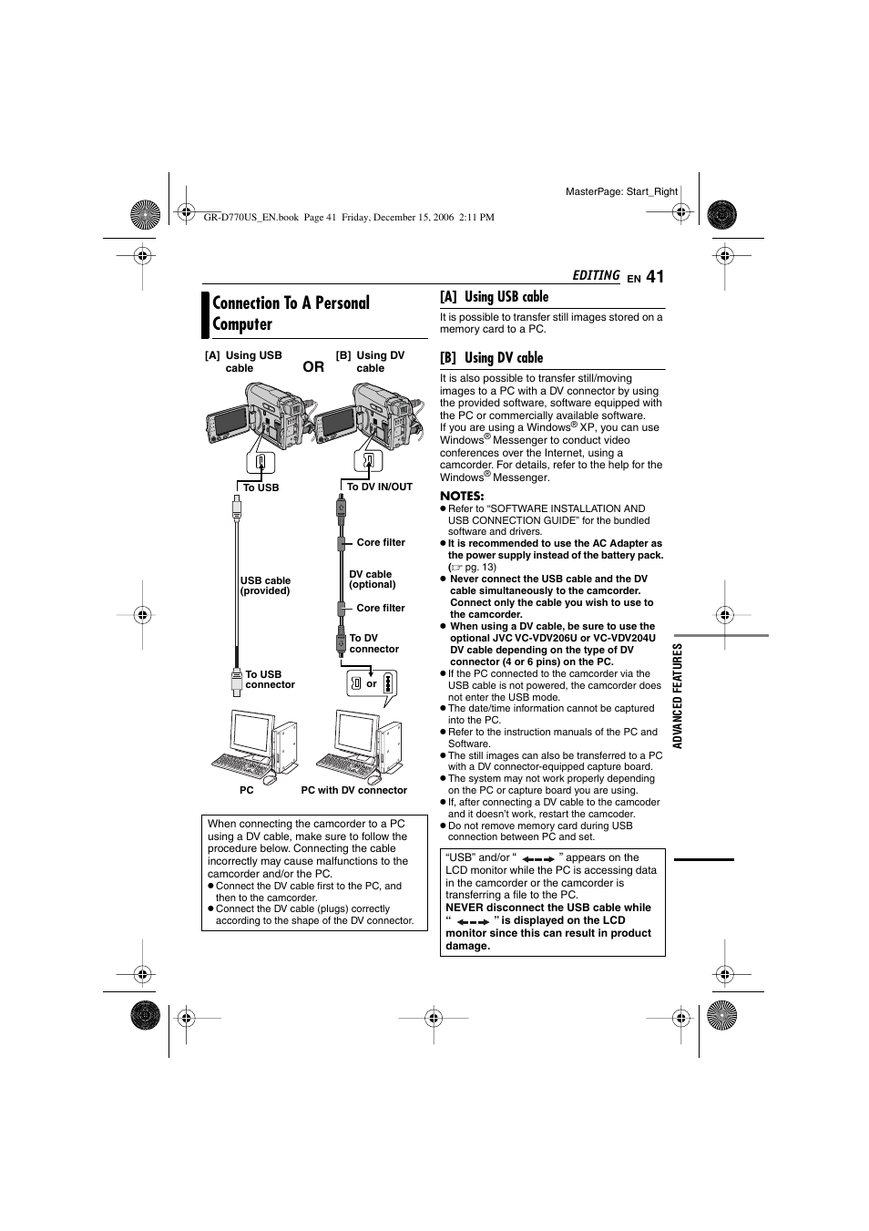 Connection to a personal computer, A] using usb cable, B] using dv cable | JVC GR-D770U User Manual | Page 41 / 48