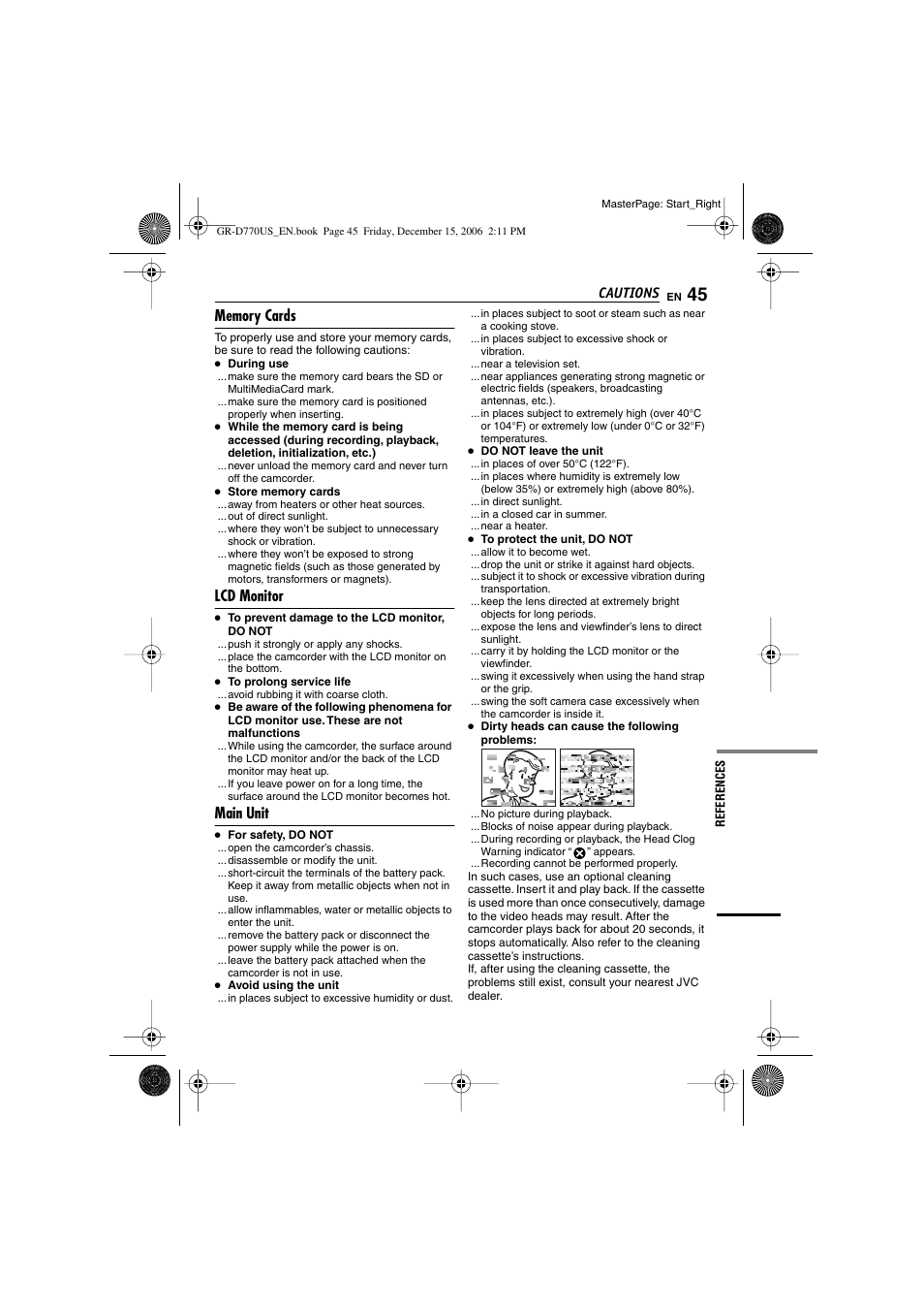 Lcd monitor, Main unit, Cautions | JVC GR-D770U User Manual | Page 45 / 48