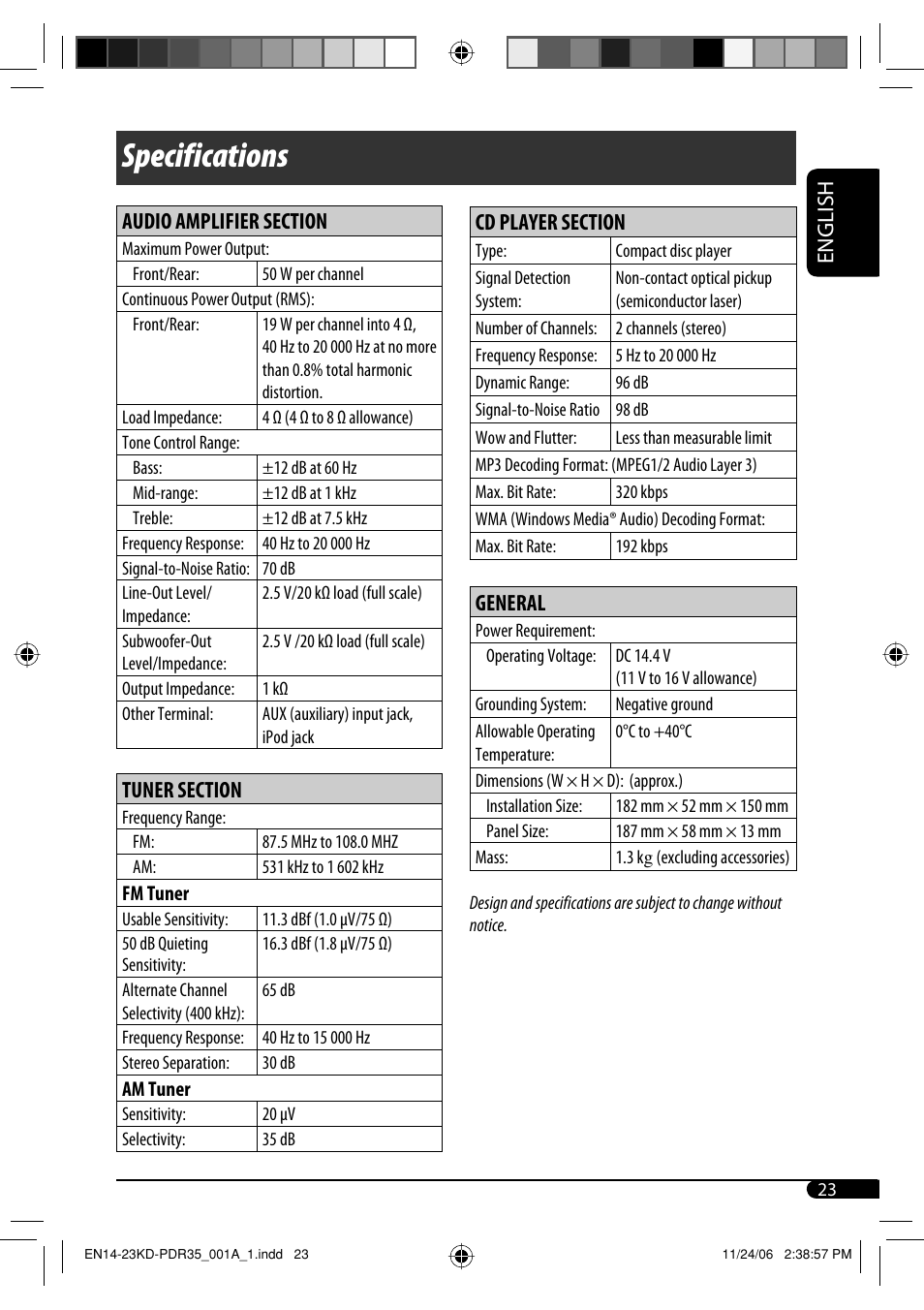 Specifications | JVC KD-APD38 User Manual | Page 111 / 172