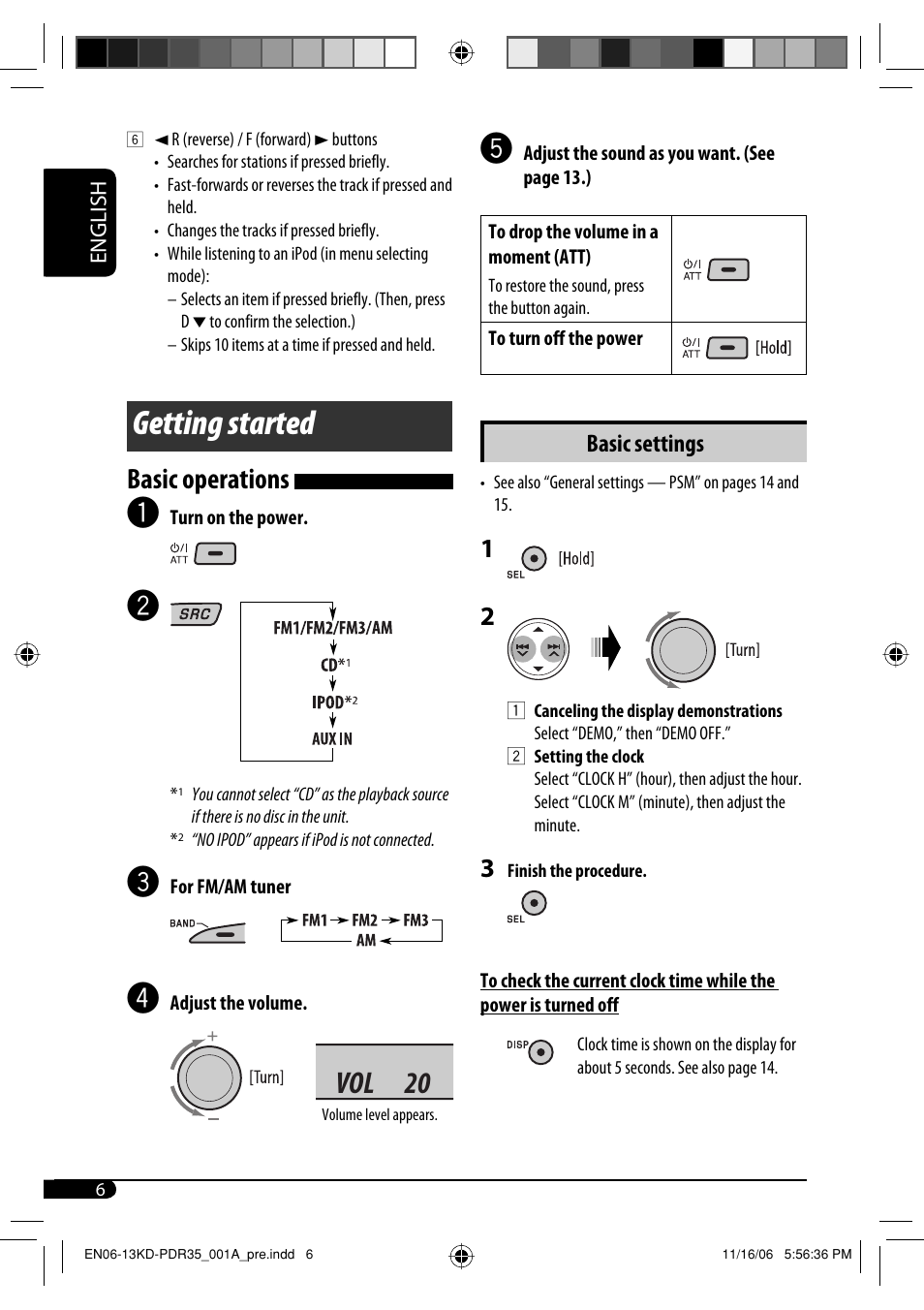 Getting started, Vol 20, Basic operations | JVC KD-APD38 User Manual | Page 122 / 172