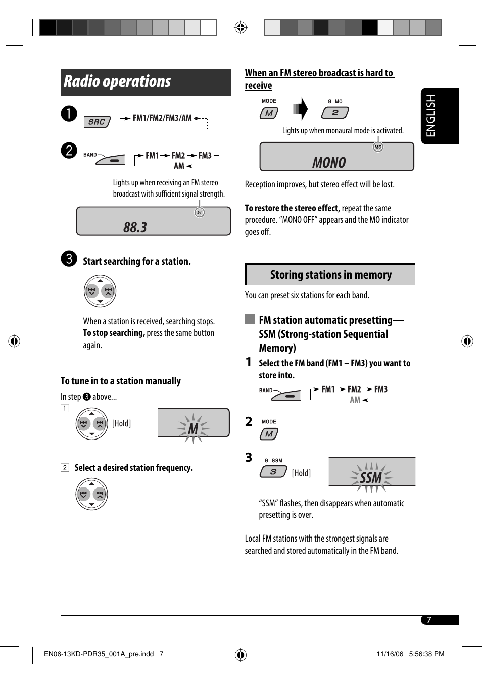 Radio operations, 3 m mono ssm | JVC KD-APD38 User Manual | Page 123 / 172