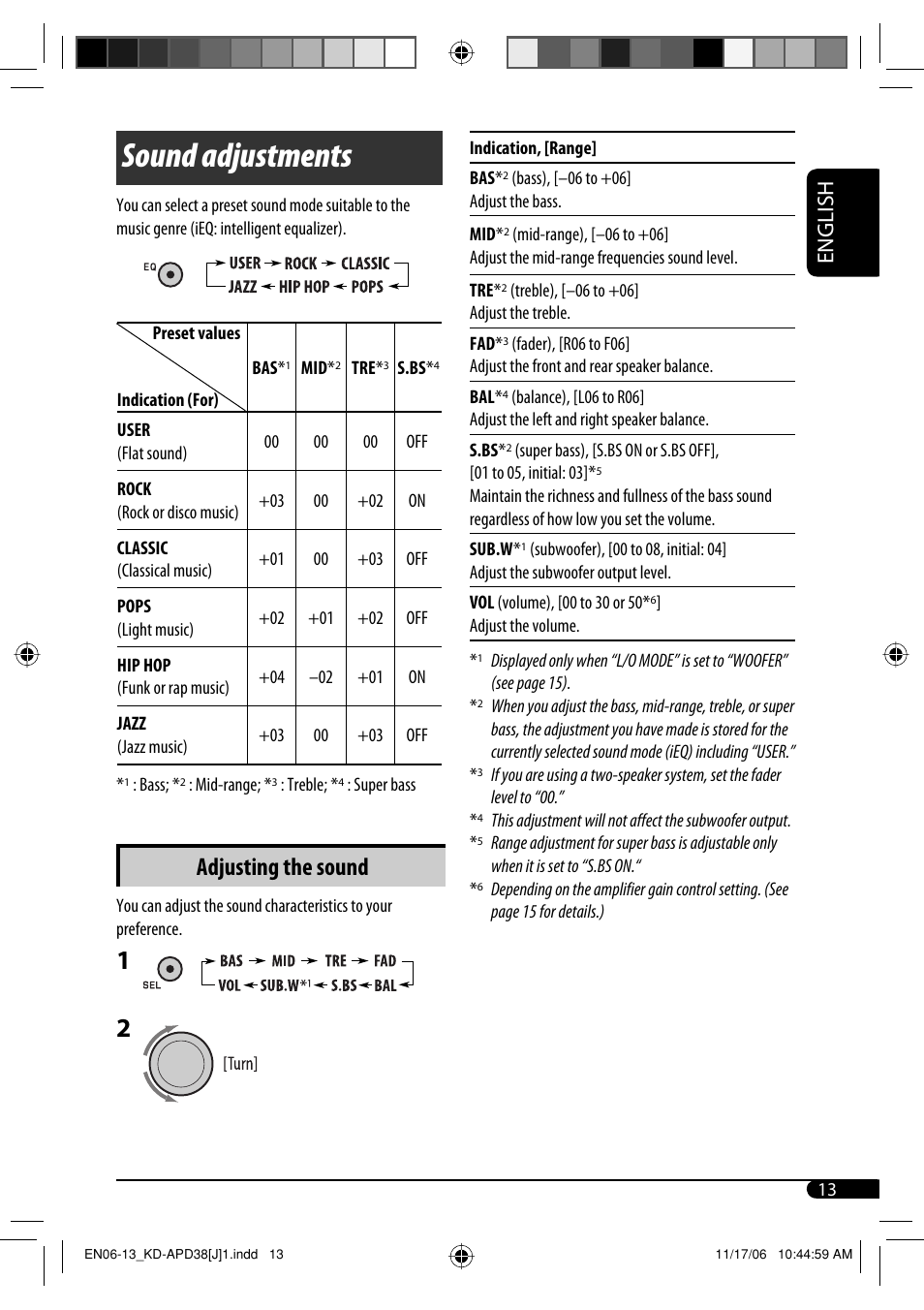 Sound adjustments, Adjusting the sound | JVC KD-APD38 User Manual | Page 13 / 172