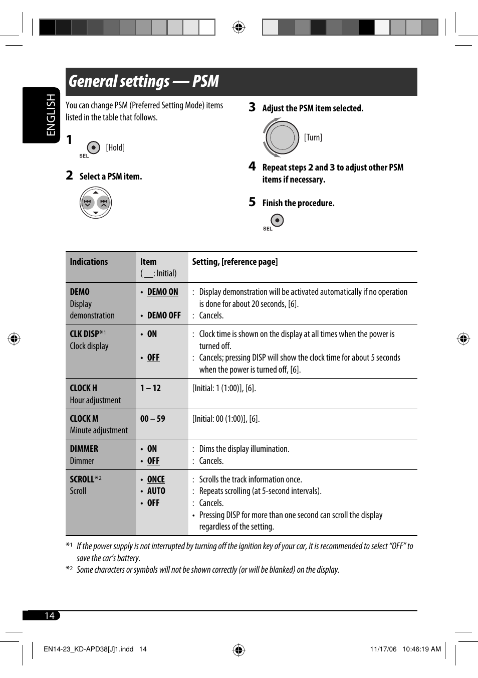 General settings — psm | JVC KD-APD38 User Manual | Page 14 / 172