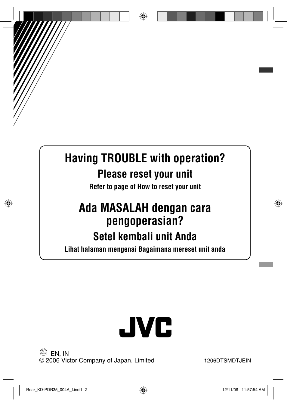 Having trouble with operation, Ada masalah dengan cara pengoperasian, Please reset your unit | Setel kembali unit anda | JVC KD-APD38 User Manual | Page 140 / 172