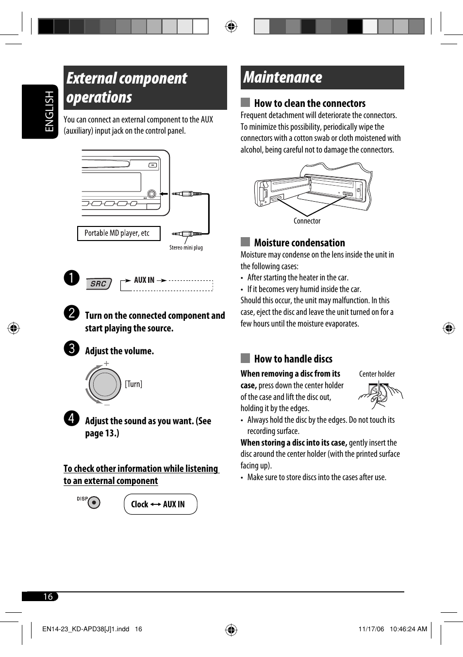 External component operations, Maintenance | JVC KD-APD38 User Manual | Page 16 / 172