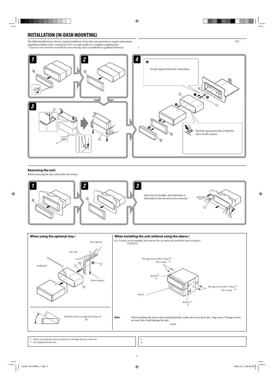 Installation, Removing the unit, Installation (in-dash mounting) | When using the optional stay, When installing the unit without using the sleeve | JVC KD-APD38 User Manual | Page 170 / 172