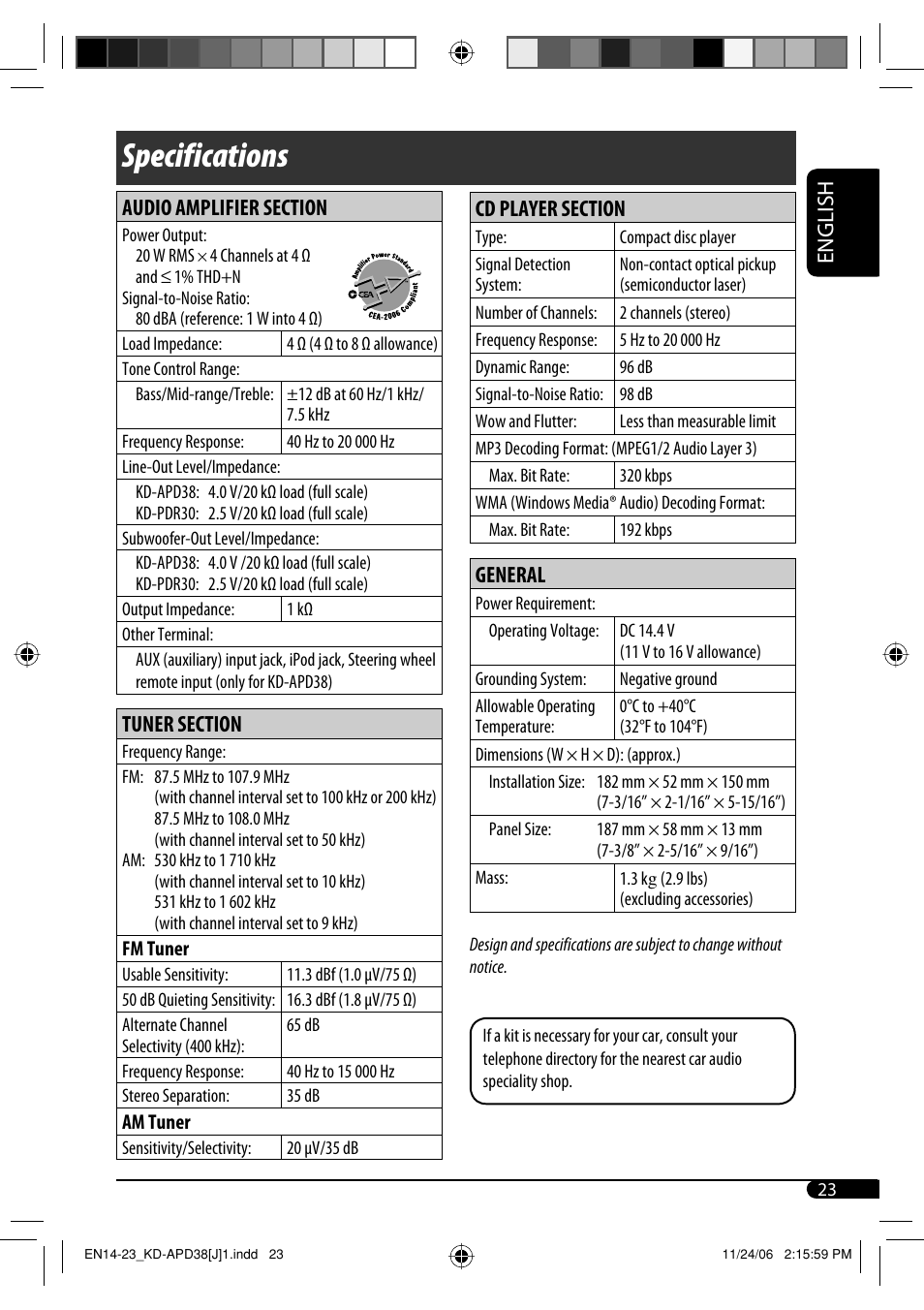 Specifications | JVC KD-APD38 User Manual | Page 23 / 172