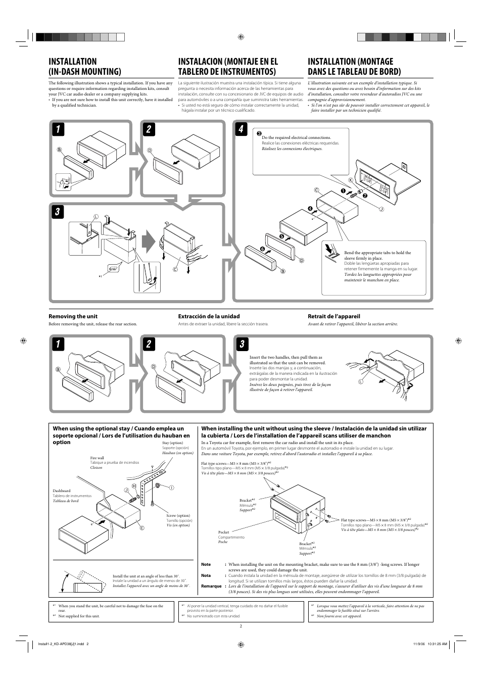 Installation, Removing the unit, Installation (in-dash mounting) | Installation (montage dans le tableau de bord), Extracción de la unidad, Retrait de l’appareil | JVC KD-APD38 User Manual | Page 26 / 172