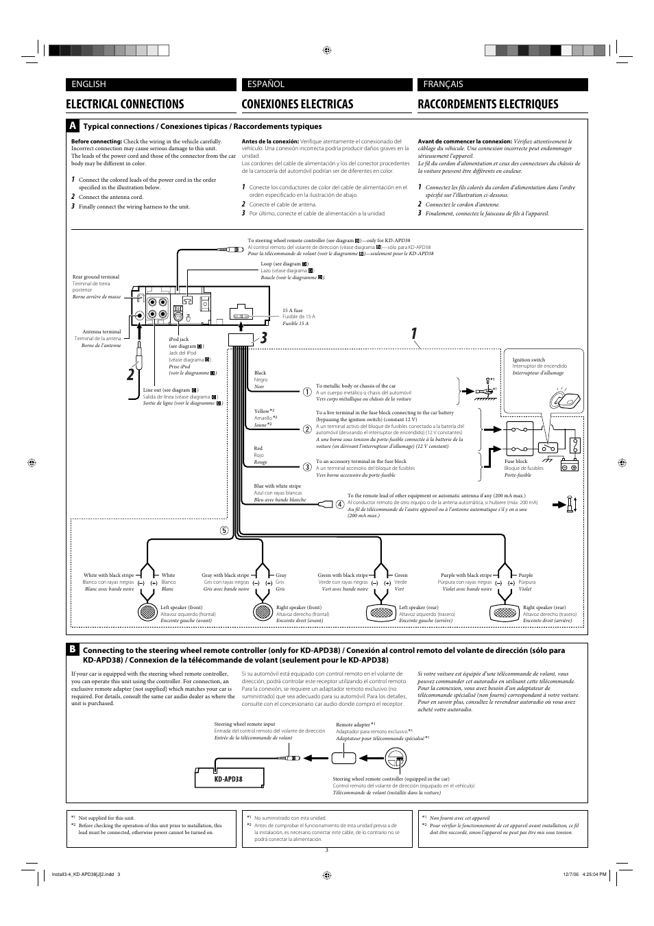 Electrical connections, English, Español français | JVC KD-APD38 User Manual | Page 27 / 172