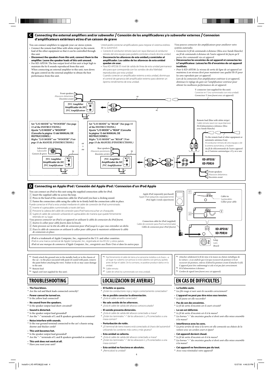 Troubleshooting, Localizacion de averias, En cas de difficultes | JVC KD-APD38 User Manual | Page 28 / 172