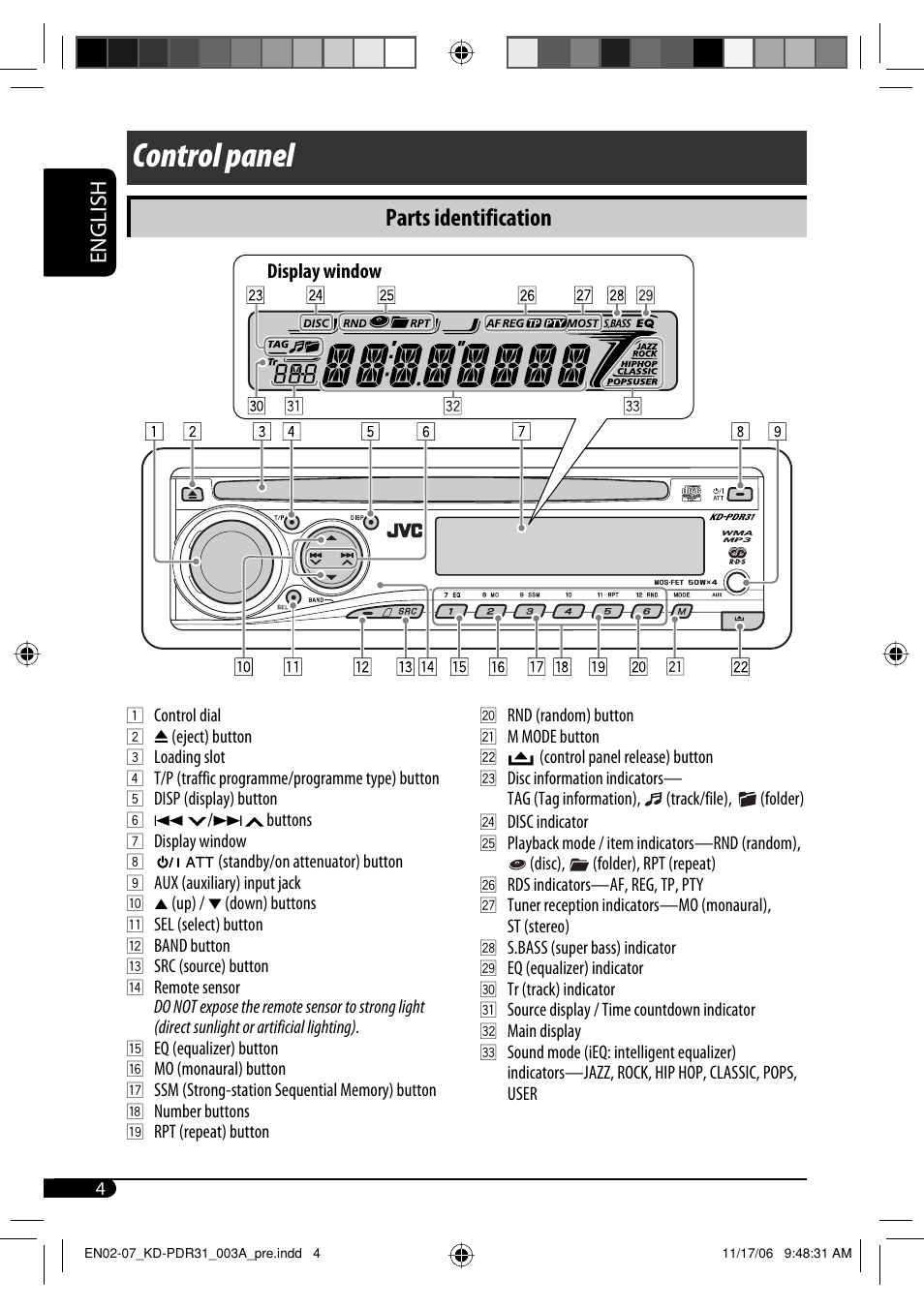 Control panel | JVC KD-APD38 User Manual | Page 32 / 172