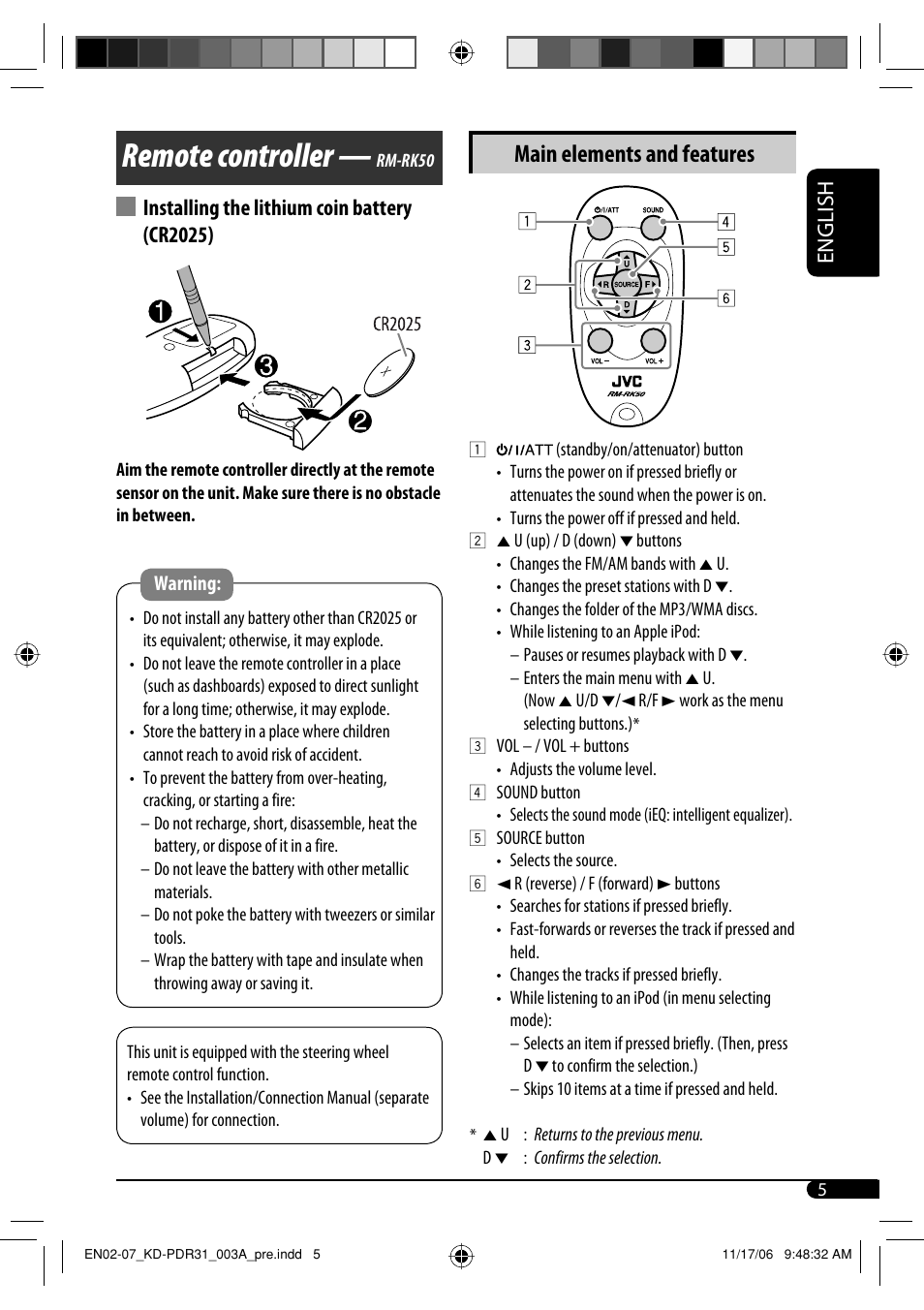 Remote controller | JVC KD-APD38 User Manual | Page 33 / 172