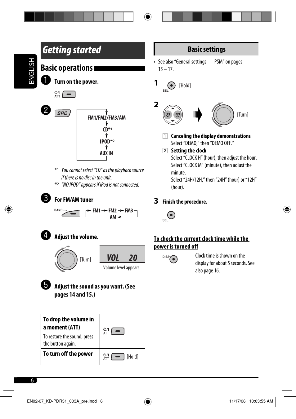 Getting started, Vol 20, Basic operations | JVC KD-APD38 User Manual | Page 34 / 172